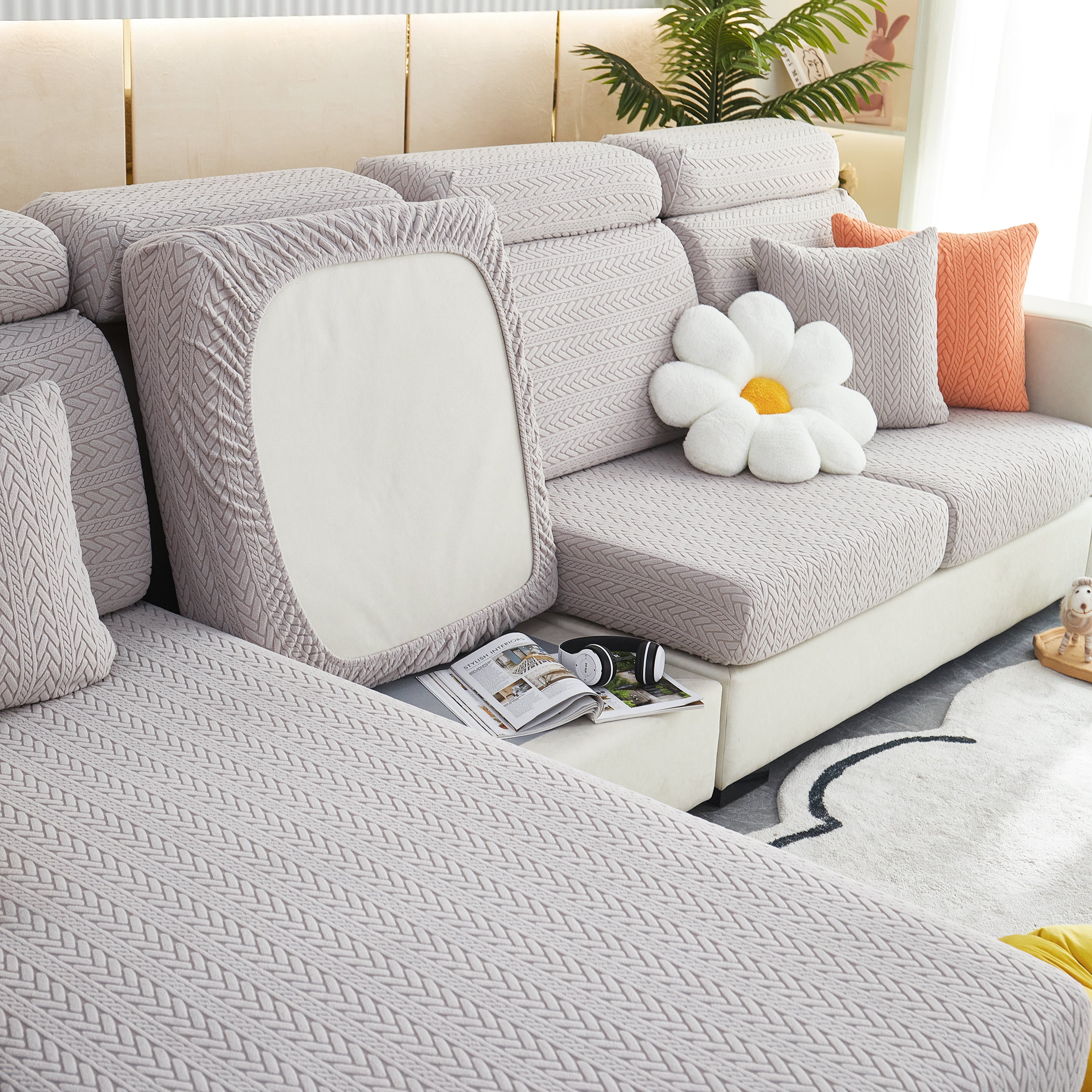 Stretchable Jacquard Polar Fleece Sofa Cover Non-slip Furniture Protector For Pets L-shaped Couch Slipcovers
