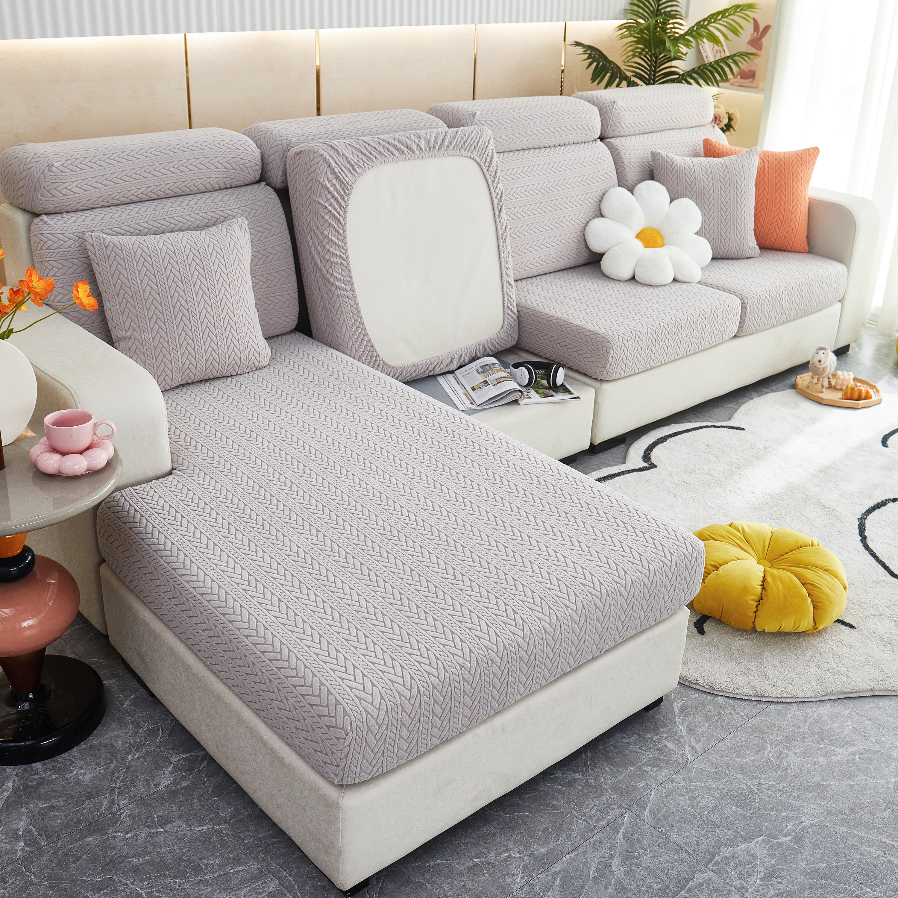 Stretchable Jacquard Polar Fleece Sofa Cover Non-slip Furniture Protector For Pets L-shaped Couch Slipcovers