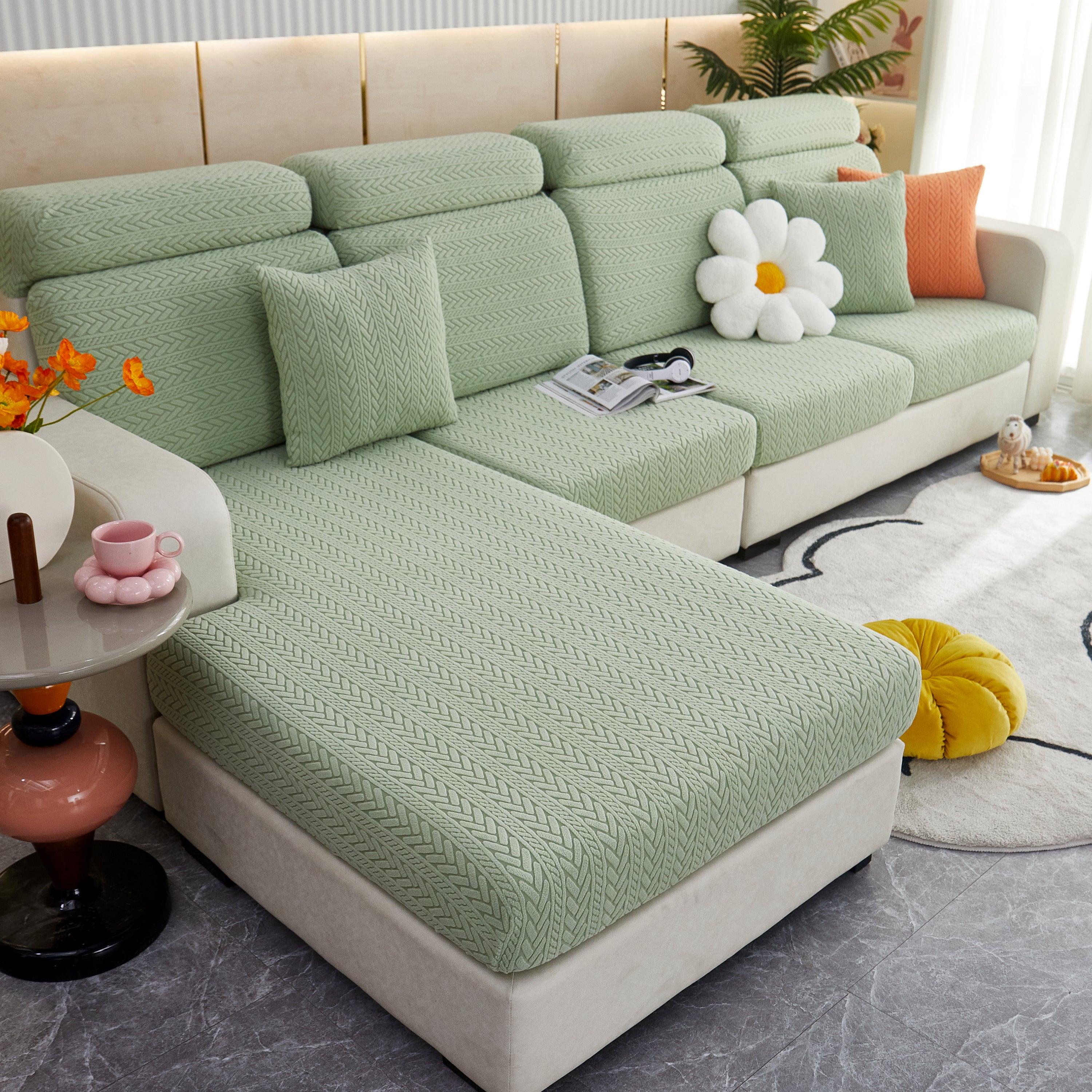 Stretchable Jacquard Polar Fleece Sofa Cover Non-slip Furniture Protector For Pets L-shaped Couch Slipcovers