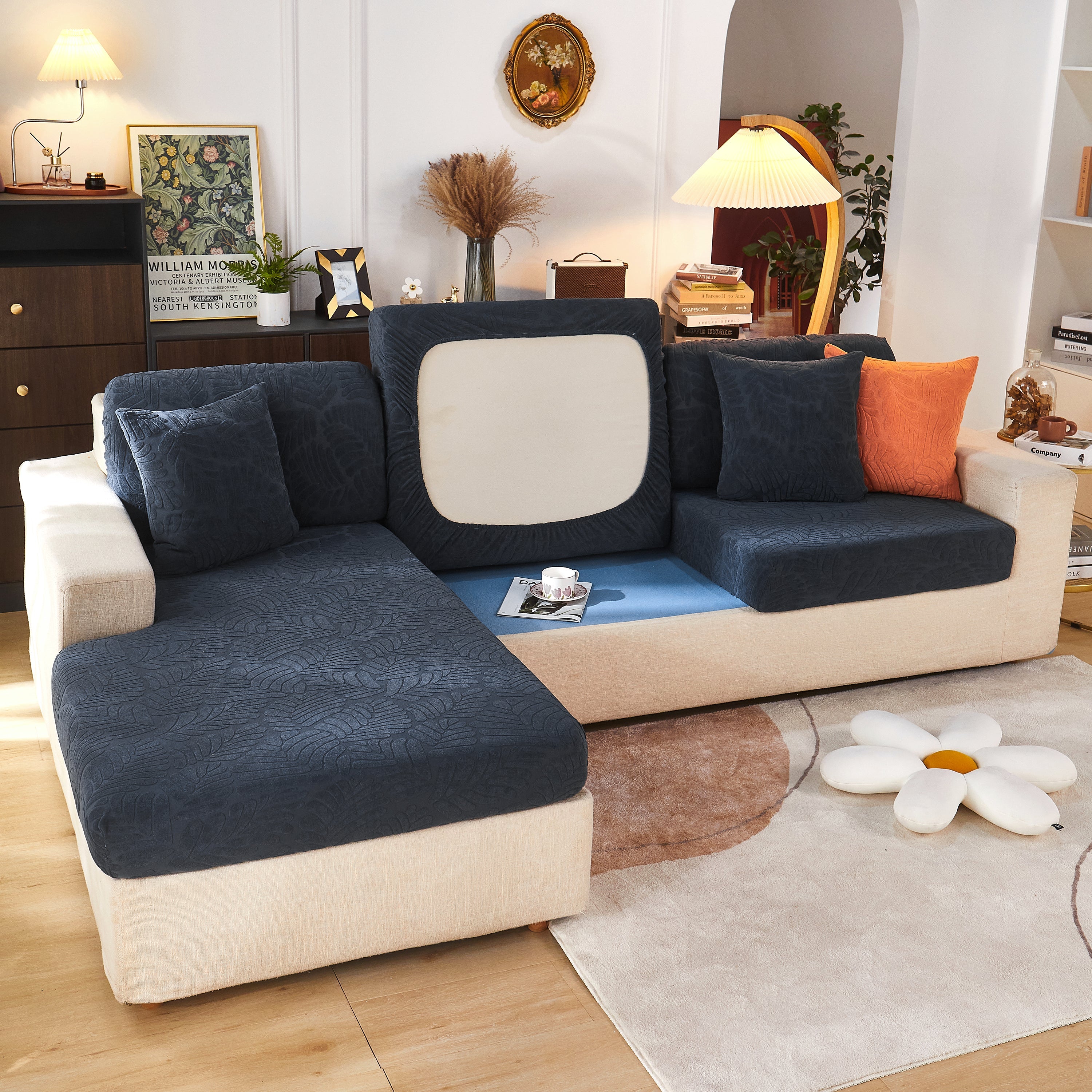 Leaf Pattern Jacquard Fabric Stretchable Cushion Cover, Non-slip Furniture Protector For Kids, L Shaped Couch Covers