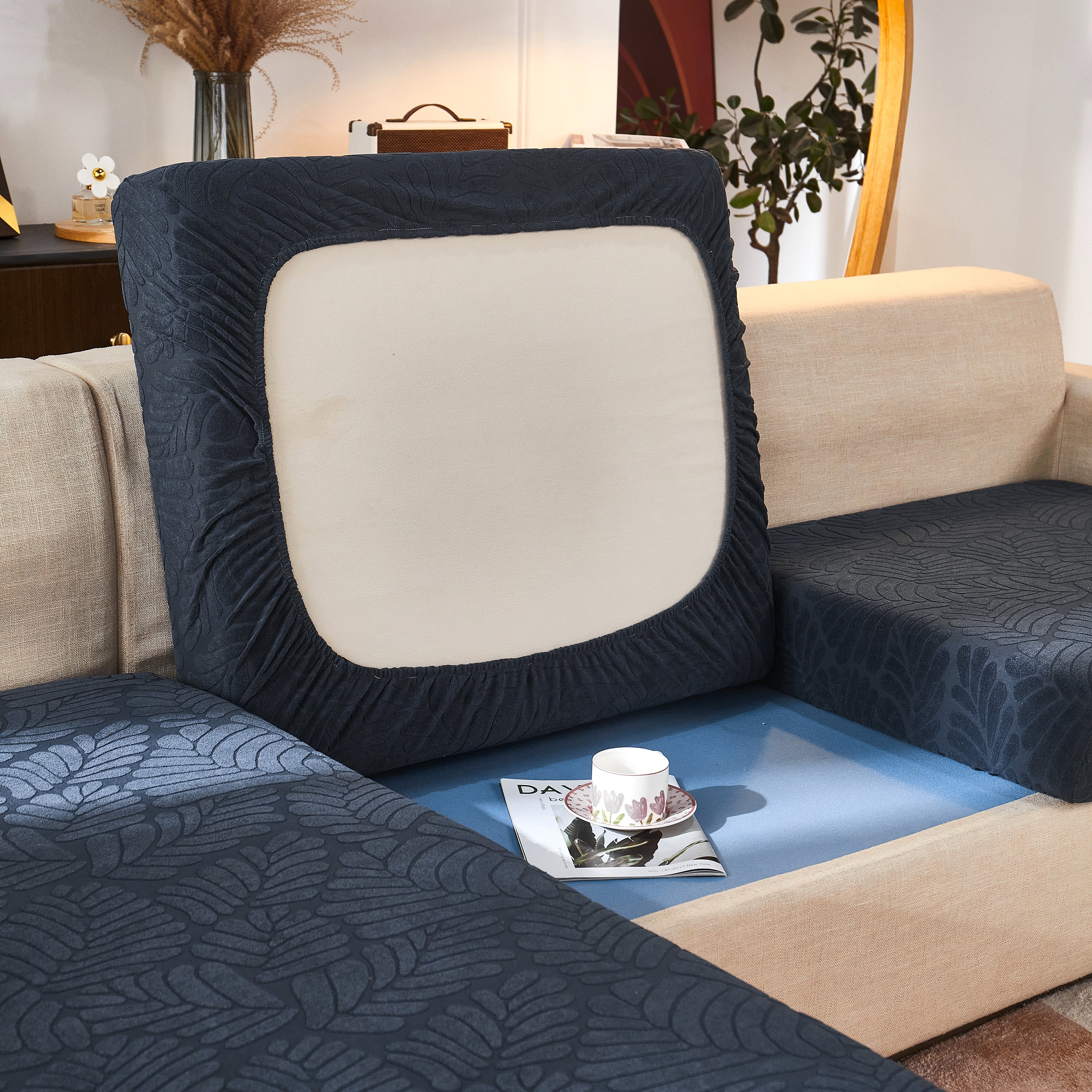 Leaf Pattern Jacquard Fabric Stretchable Cushion Cover, Non-slip Furniture Protector For Kids, L Shaped Couch Covers