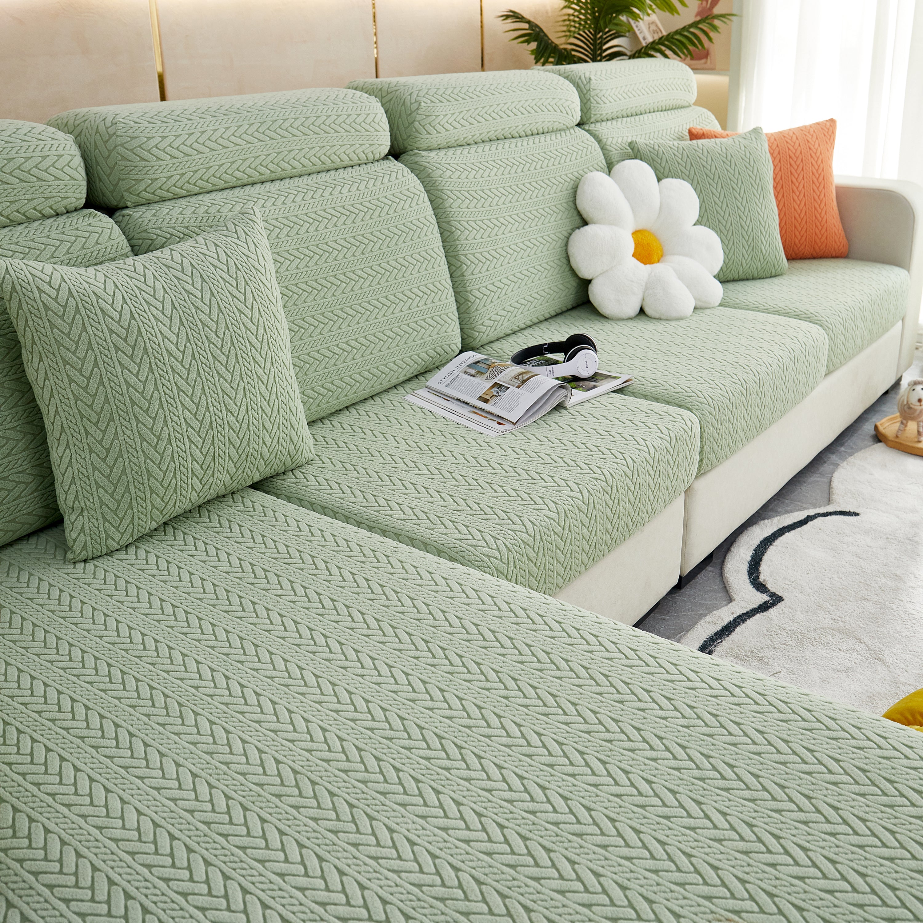 Stretchable Jacquard Polar Fleece Sofa Cover Non-slip Furniture Protector For Pets L-shaped Couch Slipcovers