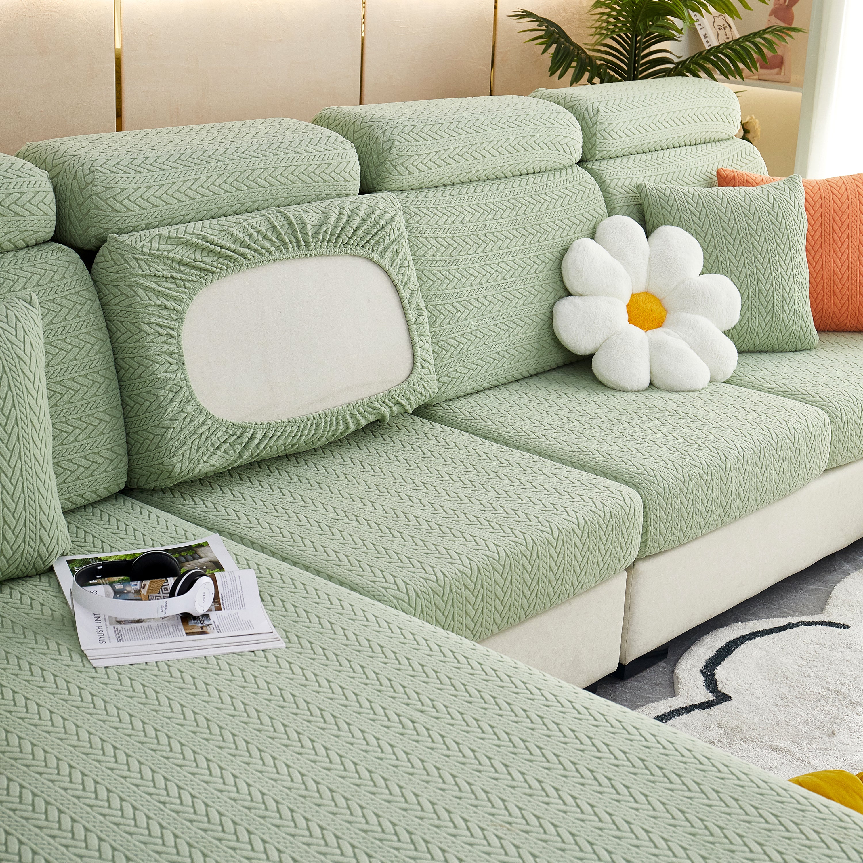 Stretchable Jacquard Polar Fleece Sofa Cover Non-slip Furniture Protector For Pets L-shaped Couch Slipcovers