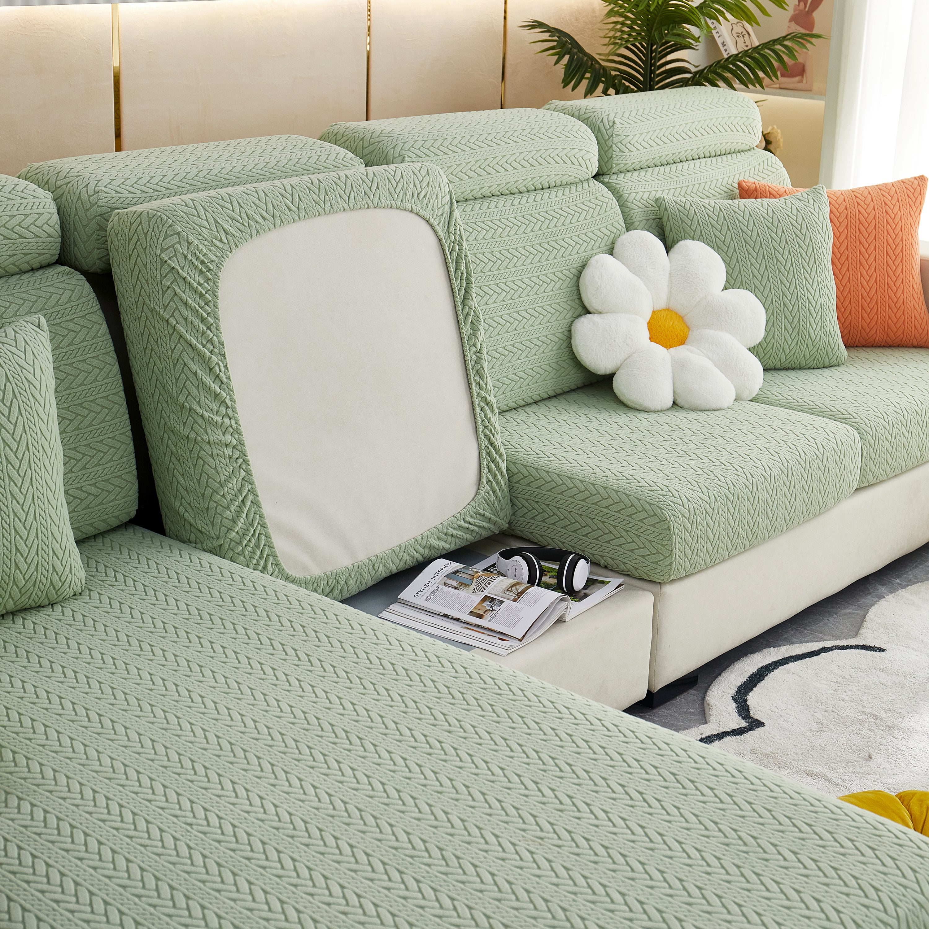 Stretchable Jacquard Polar Fleece Sofa Cover Non-slip Furniture Protector For Pets L-shaped Couch Slipcovers