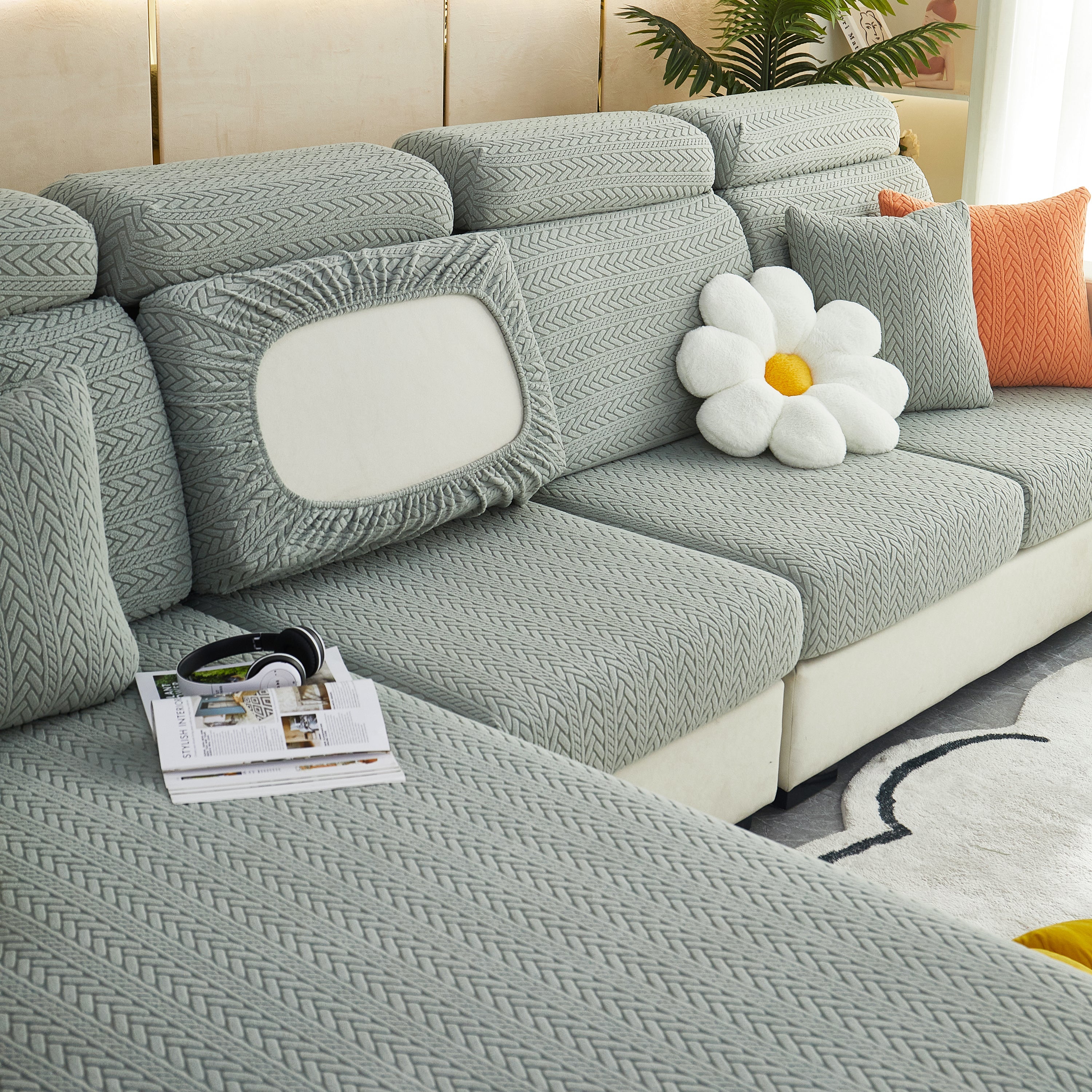 Stretchable Jacquard Polar Fleece Sofa Cover Non-slip Furniture Protector For Pets L-shaped Couch Slipcovers