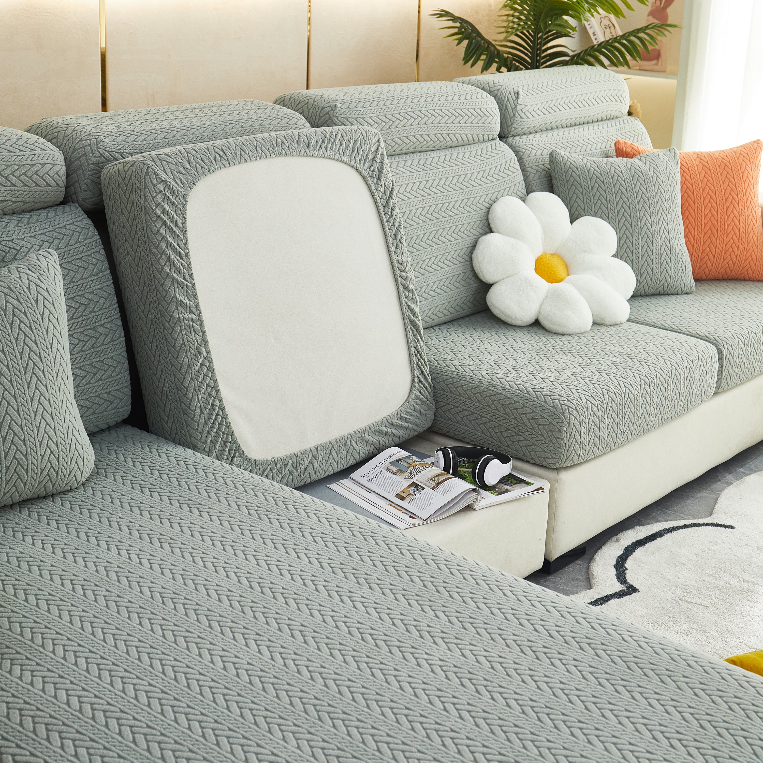 Stretchable Jacquard Polar Fleece Sofa Cover Non-slip Furniture Protector For Pets L-shaped Couch Slipcovers