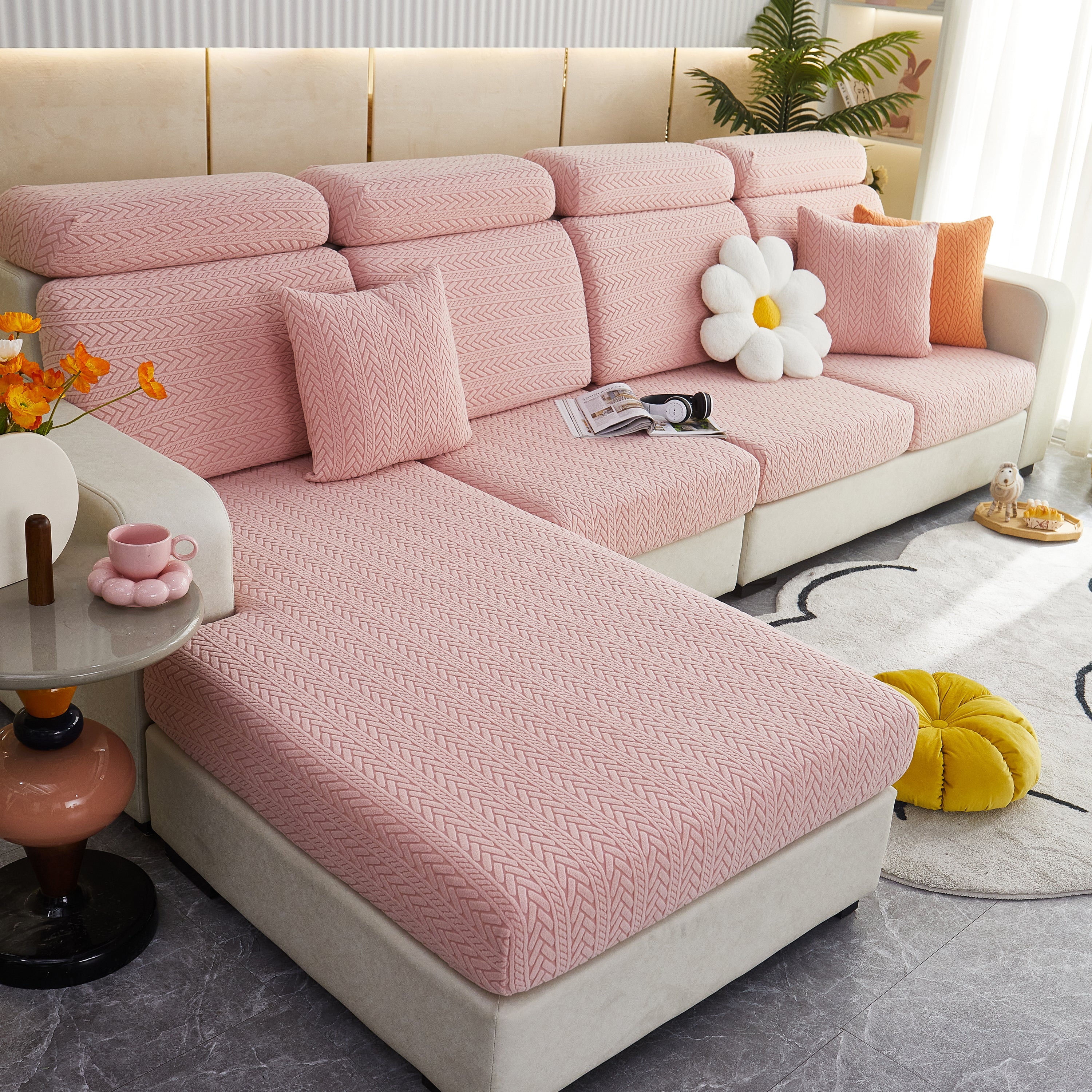 Stretchable Jacquard Polar Fleece Sofa Cover Non-slip Furniture Protector For Pets L-shaped Couch Slipcovers