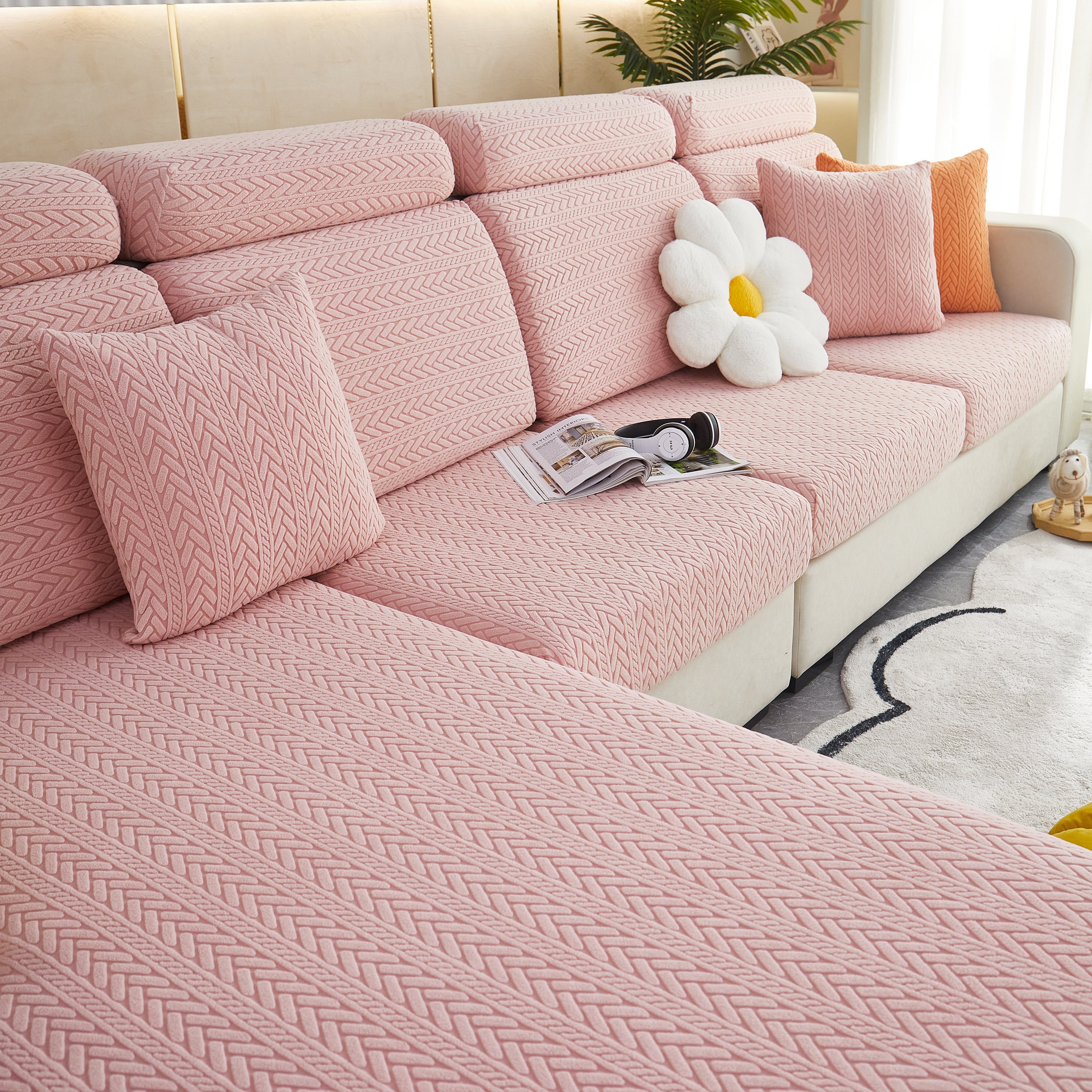 Stretchable Jacquard Polar Fleece Sofa Cover Non-slip Furniture Protector For Pets L-shaped Couch Slipcovers
