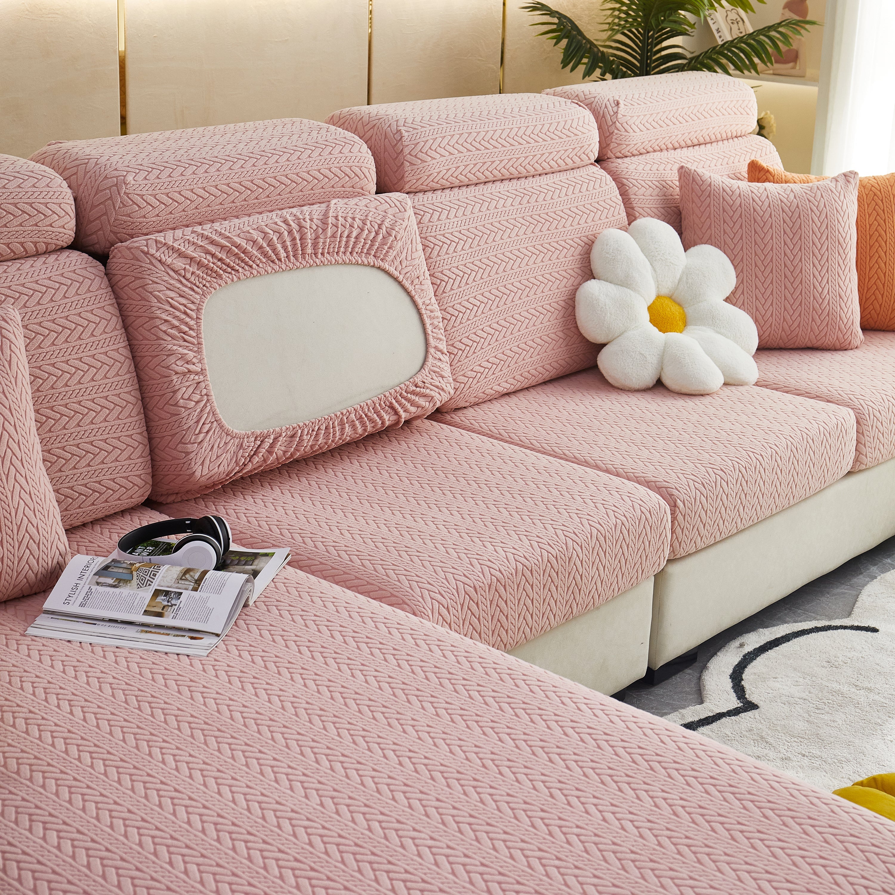 Stretchable Jacquard Polar Fleece Sofa Cover Non-slip Furniture Protector For Pets L-shaped Couch Slipcovers