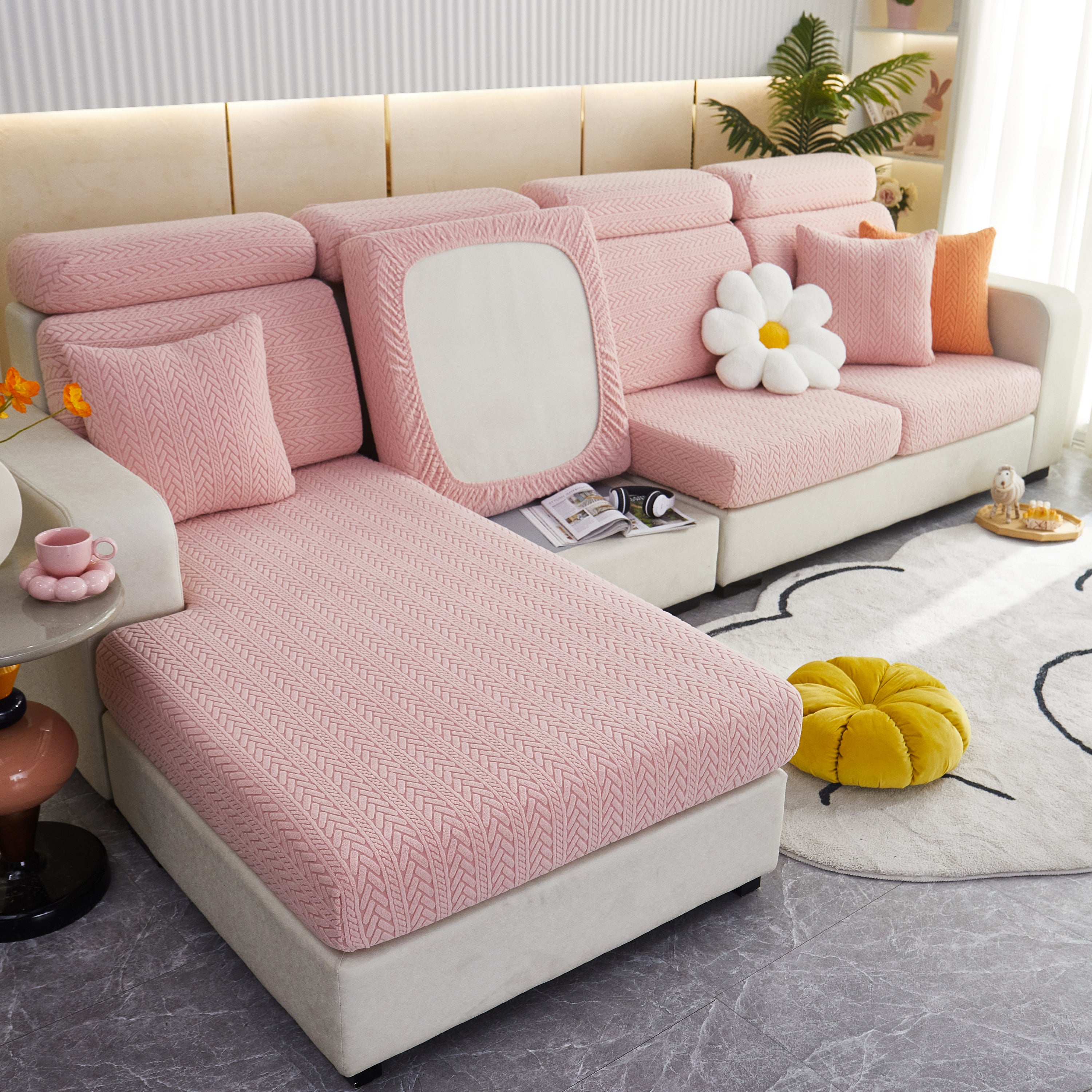 Stretchable Jacquard Polar Fleece Sofa Cover Non-slip Furniture Protector For Pets L-shaped Couch Slipcovers