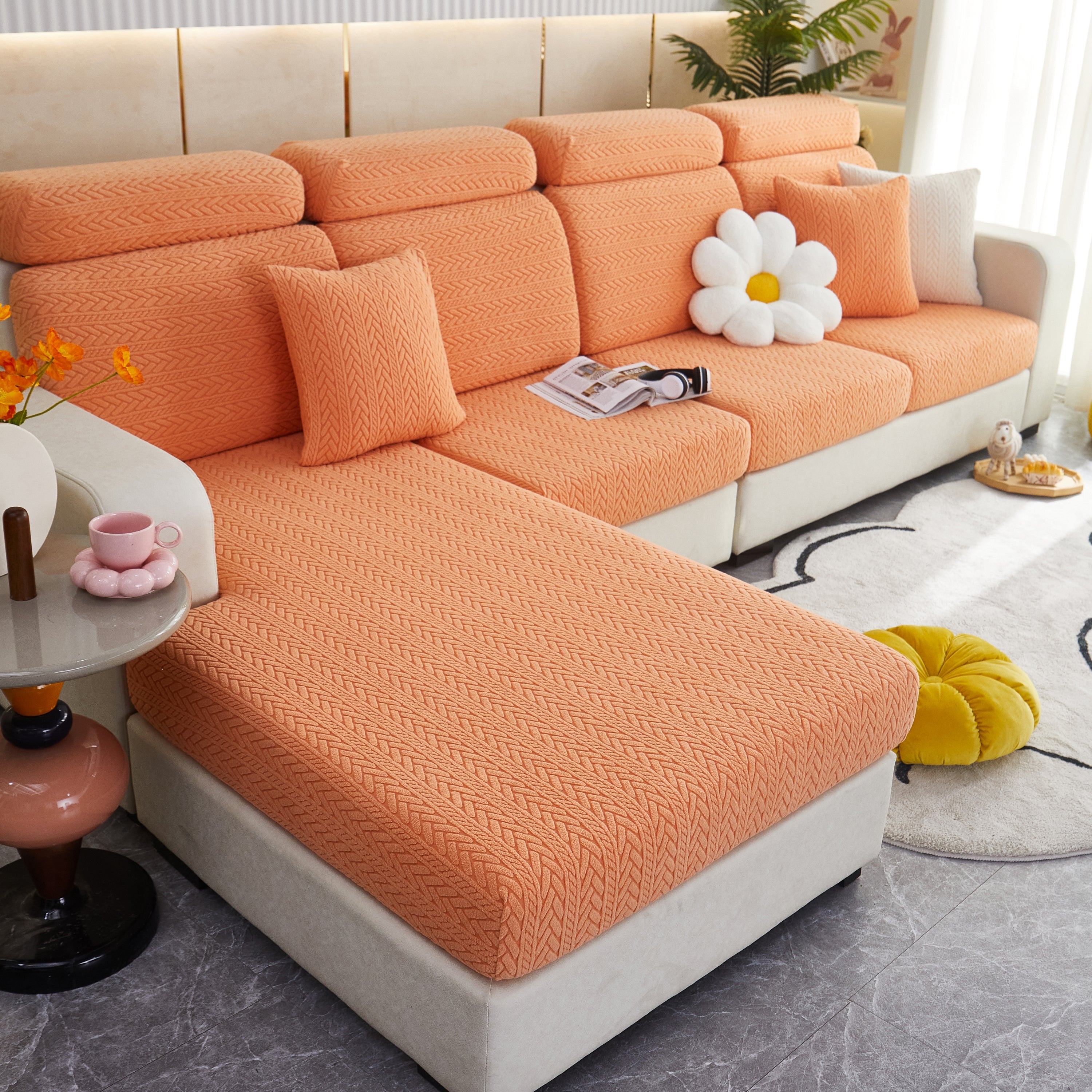 Stretchable Jacquard Polar Fleece Sofa Cover Non-slip Furniture Protector For Pets L-shaped Couch Slipcovers
