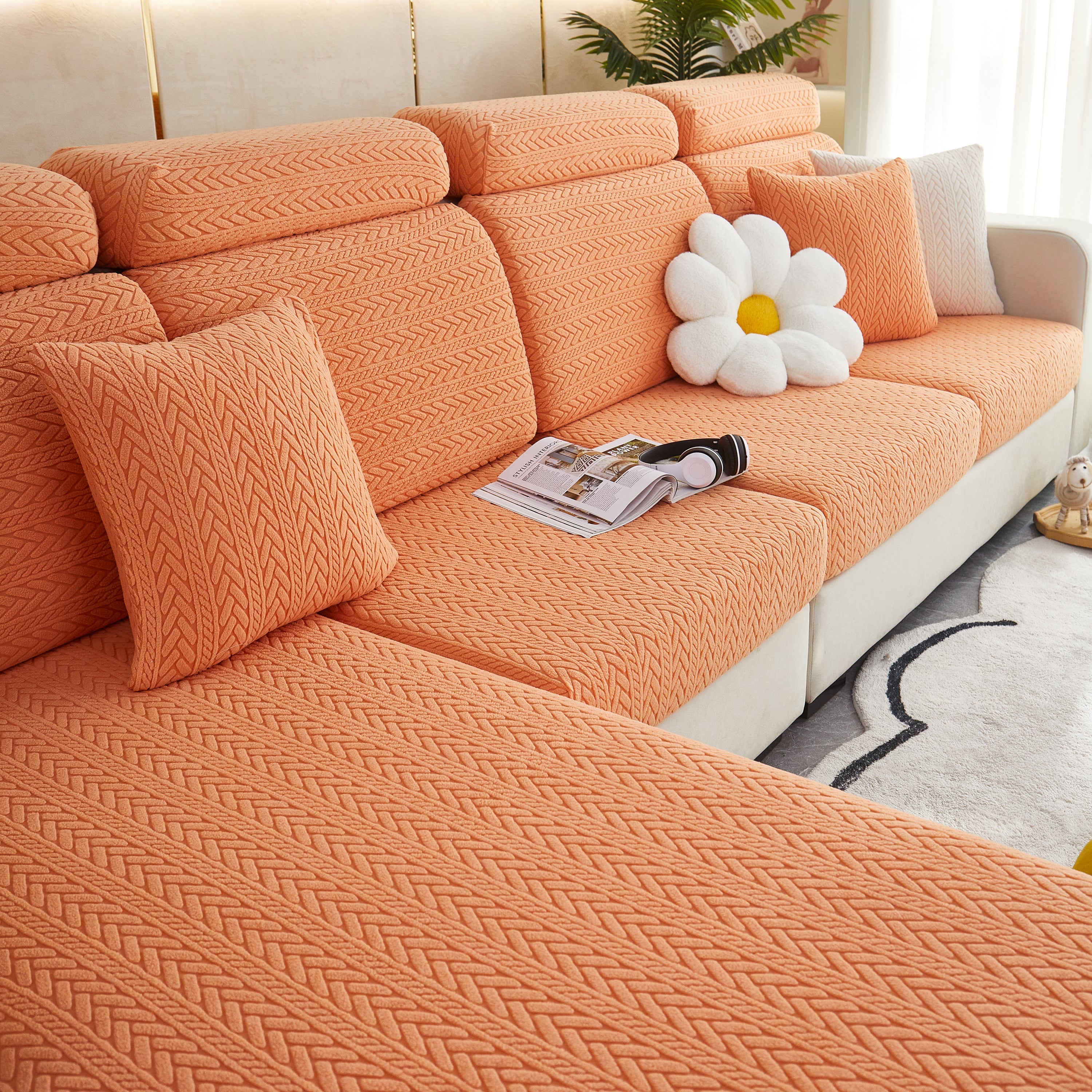 Stretchable Jacquard Polar Fleece Sofa Cover Non-slip Furniture Protector For Pets L-shaped Couch Slipcovers