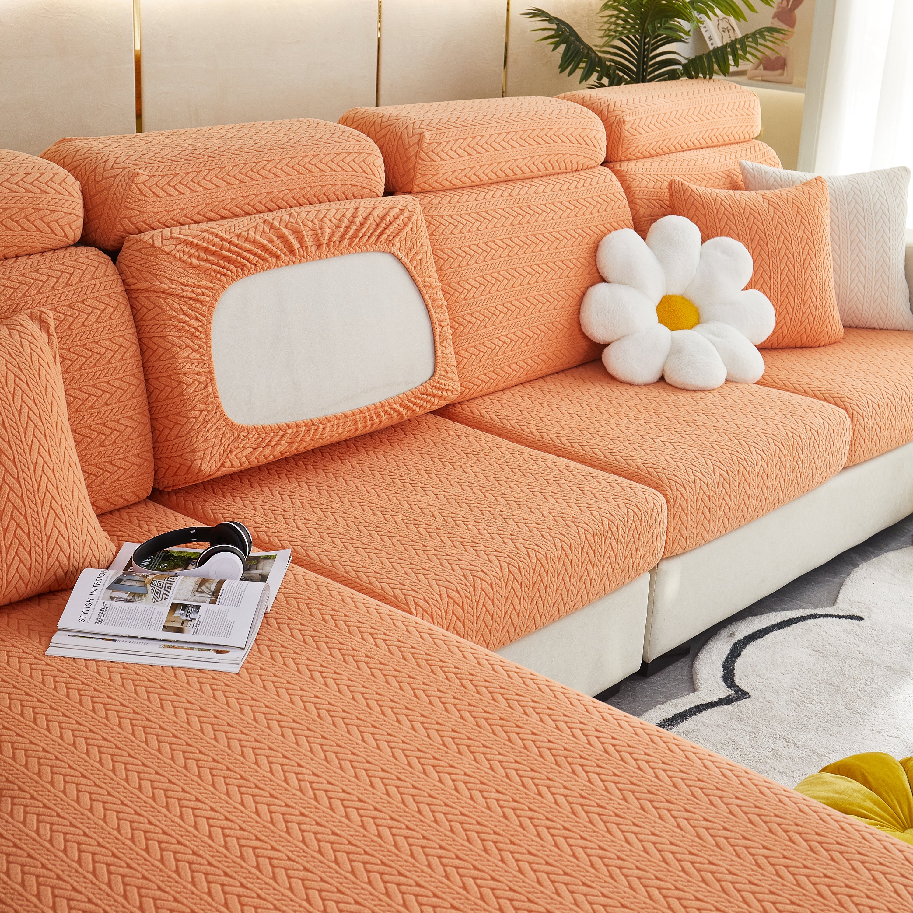 Stretchable Jacquard Polar Fleece Sofa Cover Non-slip Furniture Protector For Pets L-shaped Couch Slipcovers