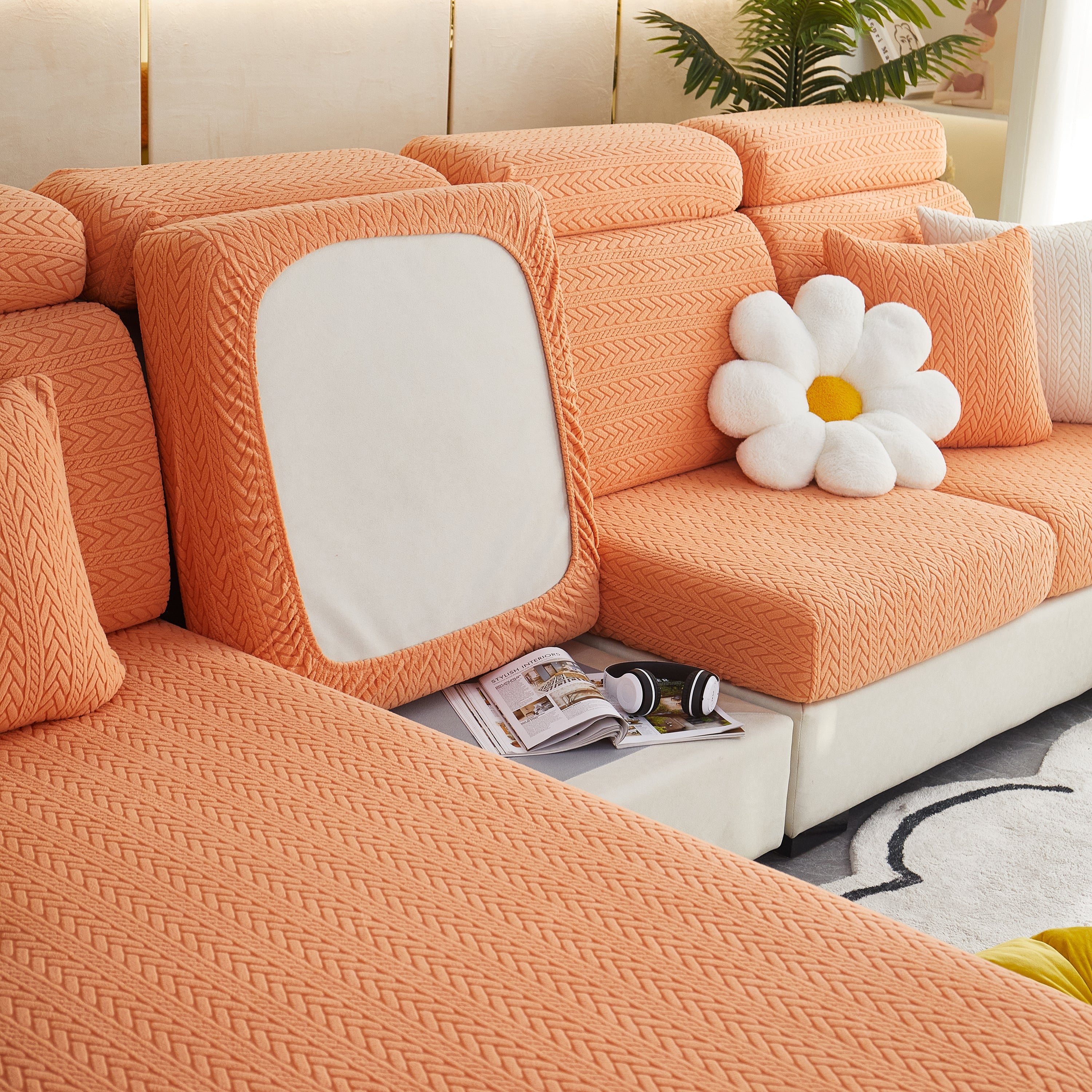 Stretchable Jacquard Polar Fleece Sofa Cover Non-slip Furniture Protector For Pets L-shaped Couch Slipcovers