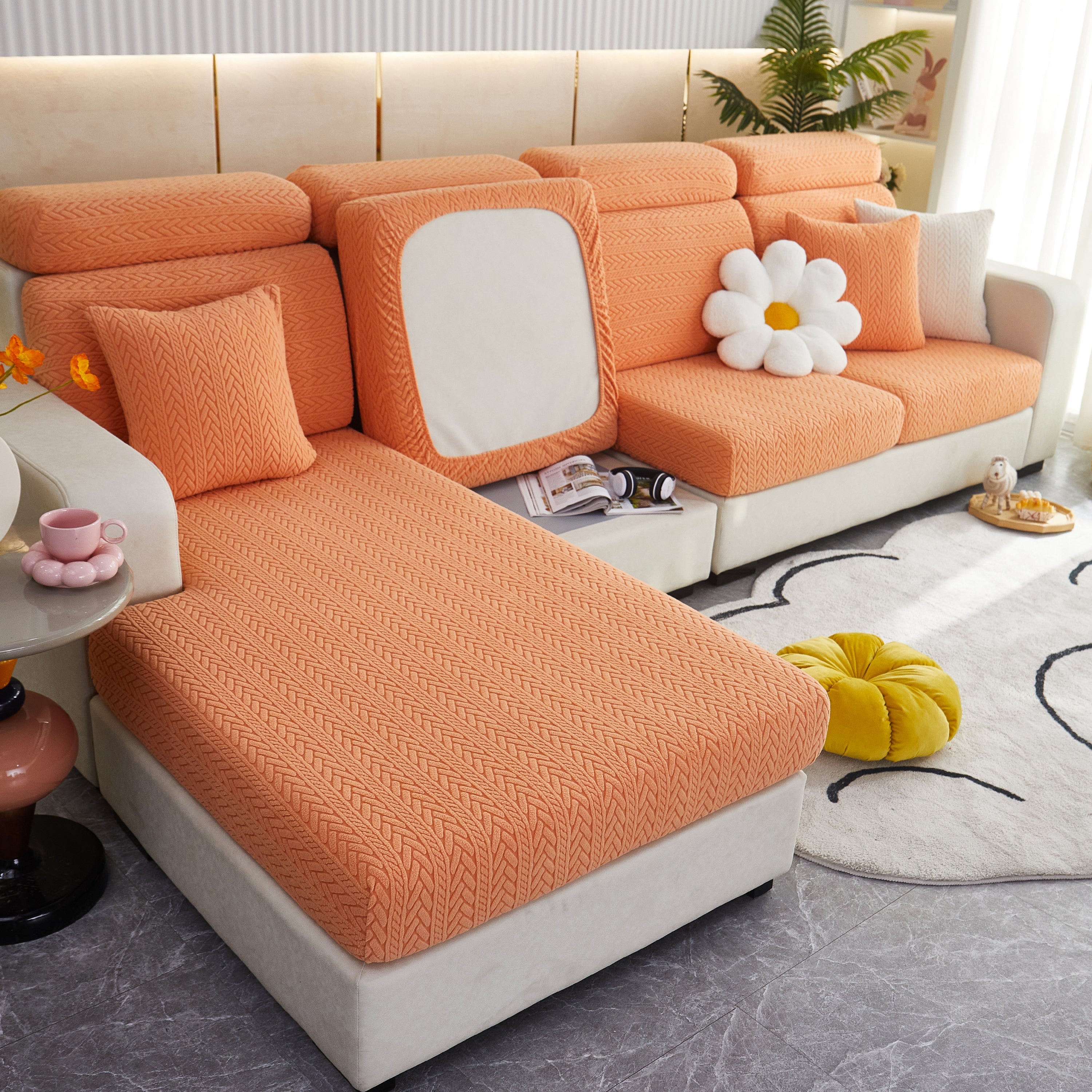 Stretchable Jacquard Polar Fleece Sofa Cover Non-slip Furniture Protector For Pets L-shaped Couch Slipcovers