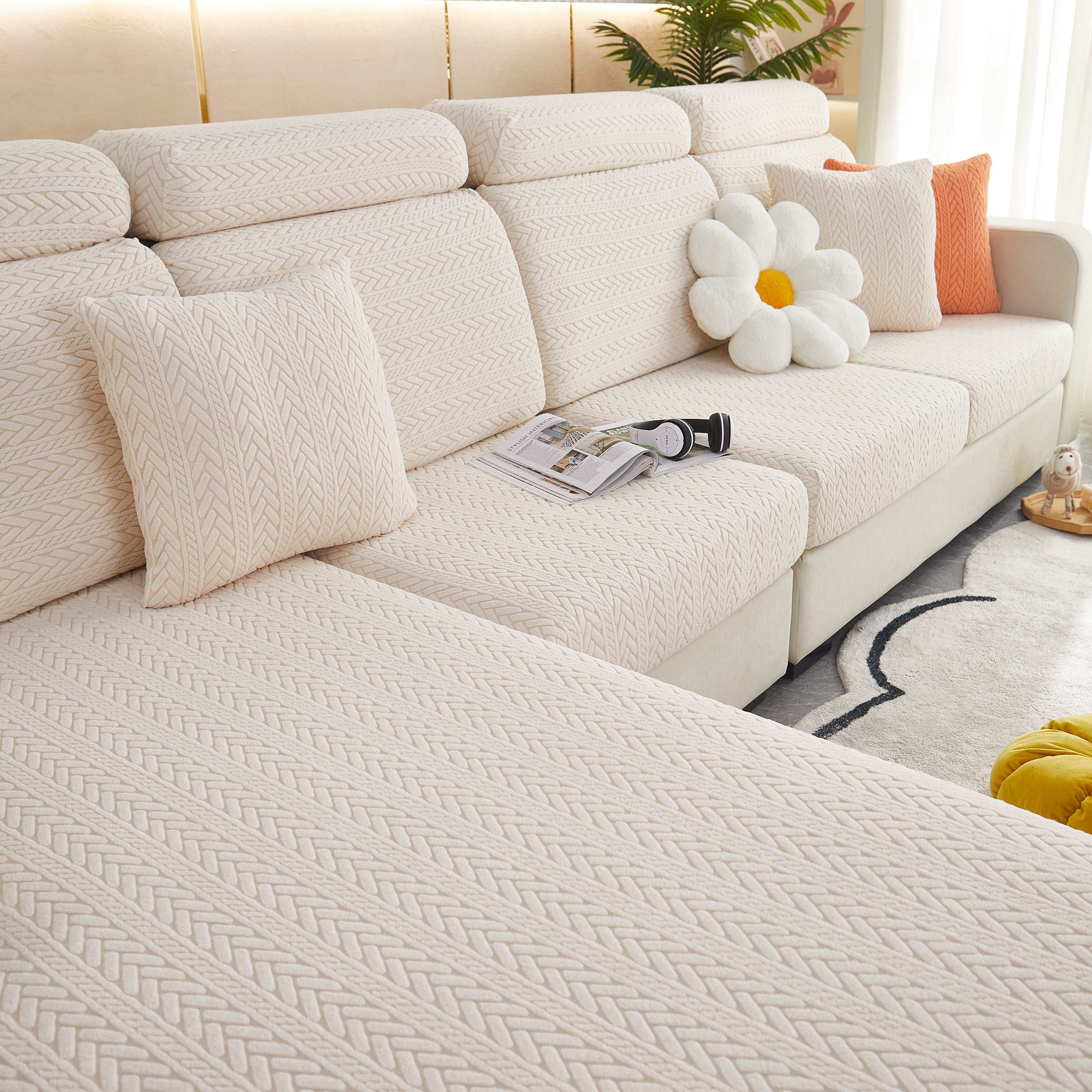 Stretchable Jacquard Polar Fleece Sofa Cover Non-slip Furniture Protector For Pets L-shaped Couch Slipcovers