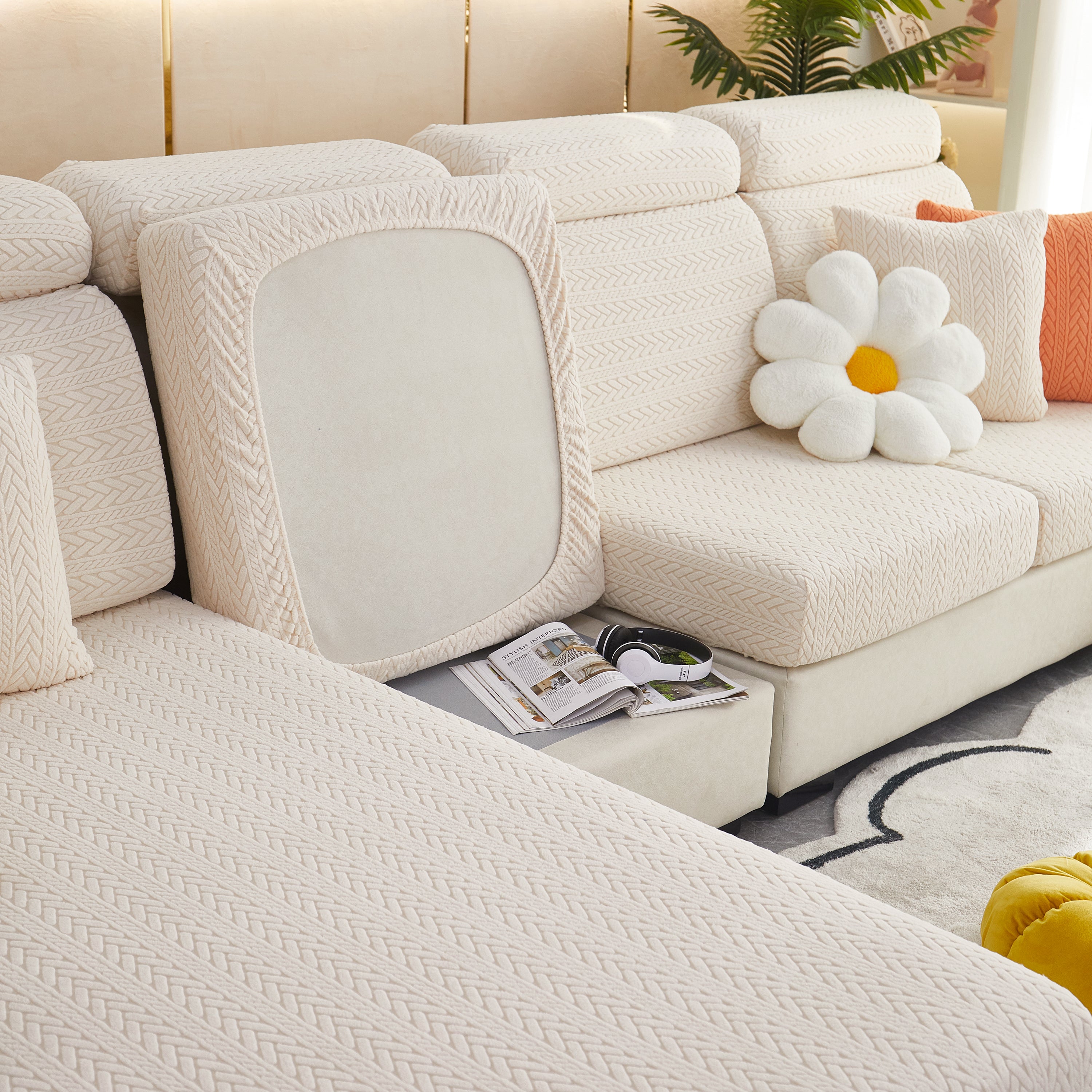 Stretchable Jacquard Polar Fleece Sofa Cover Non-slip Furniture Protector For Pets L-shaped Couch Slipcovers