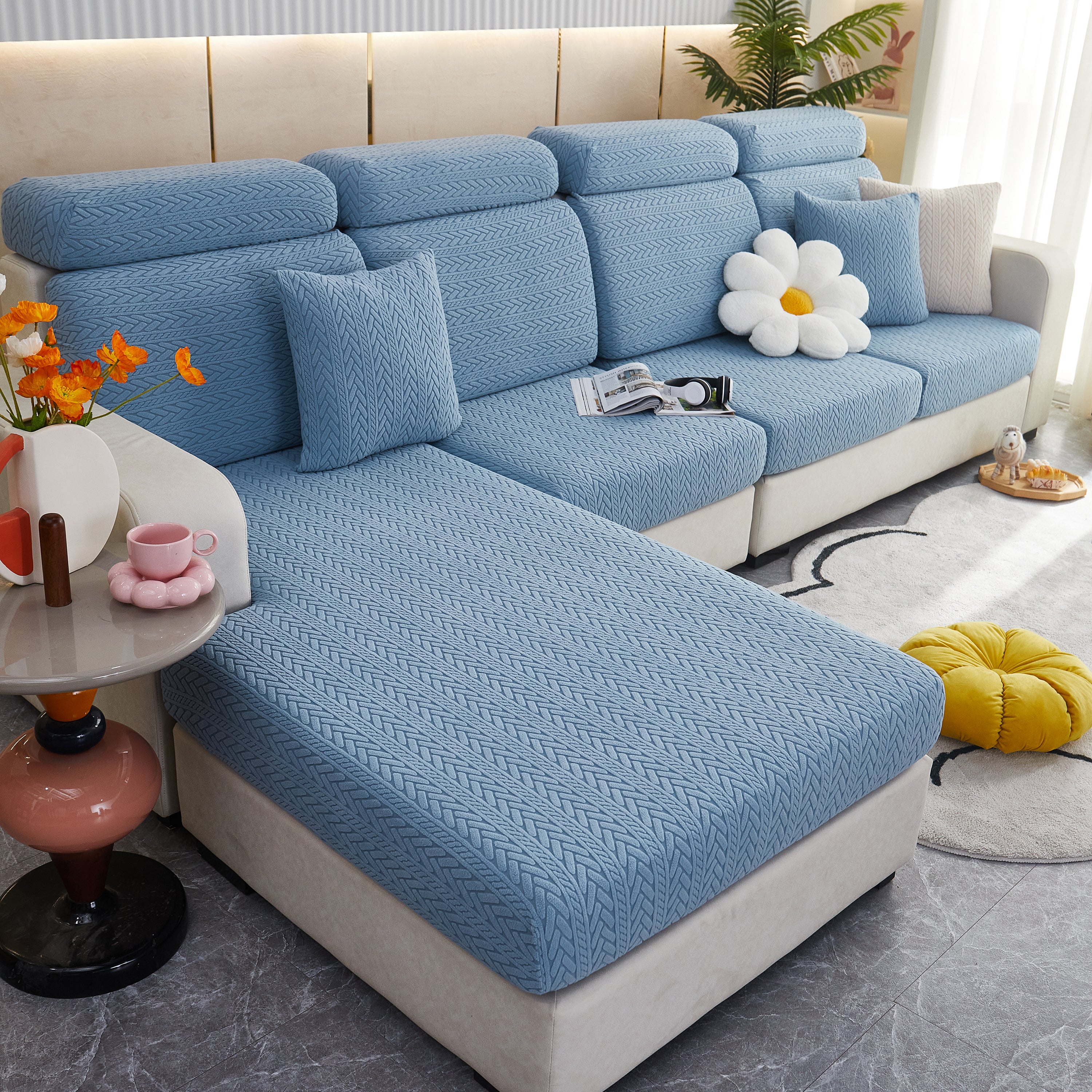 Stretchable Jacquard Polar Fleece Sofa Cover Non-slip Furniture Protector For Pets L-shaped Couch Slipcovers