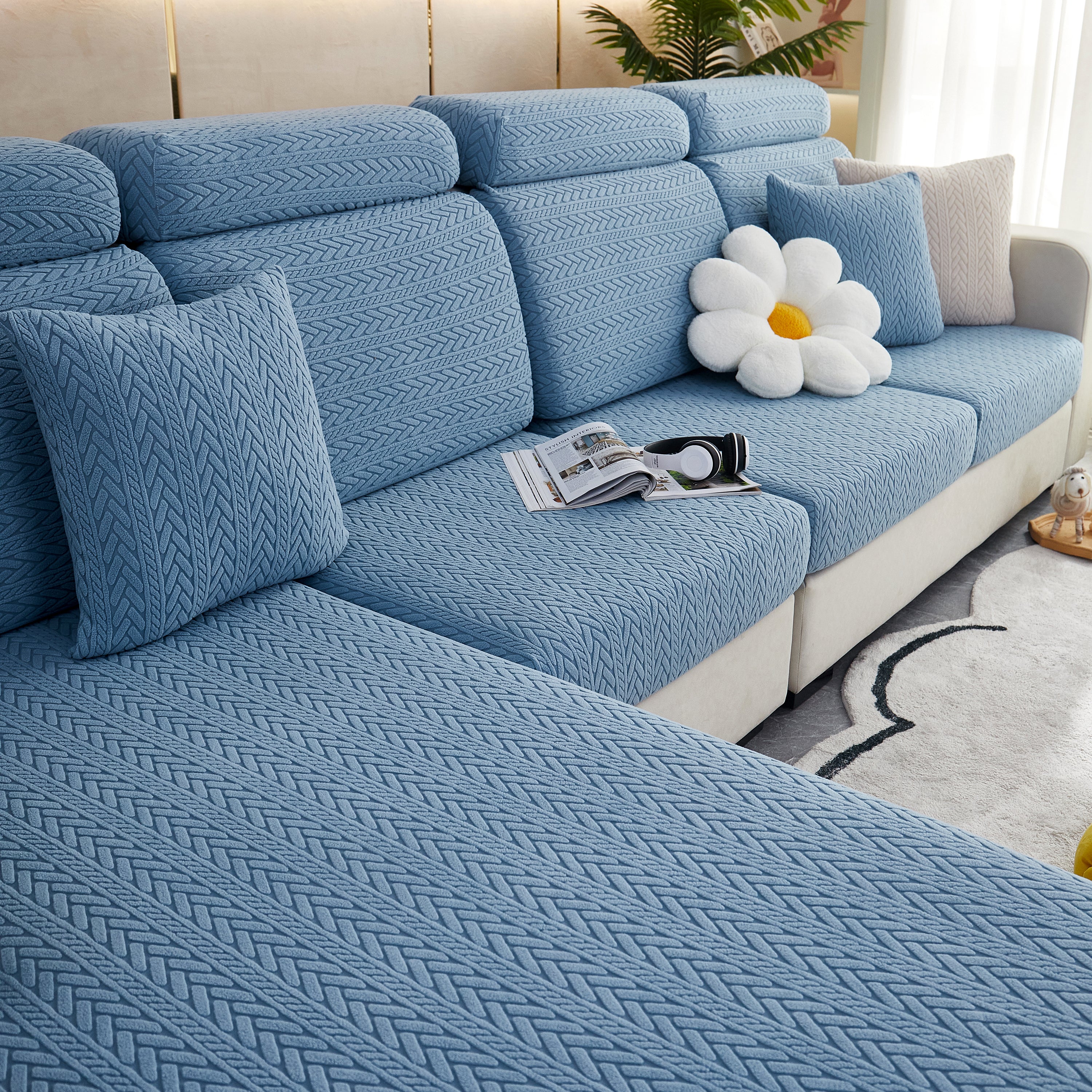 Stretchable Jacquard Polar Fleece Sofa Cover Non-slip Furniture Protector For Pets L-shaped Couch Slipcovers