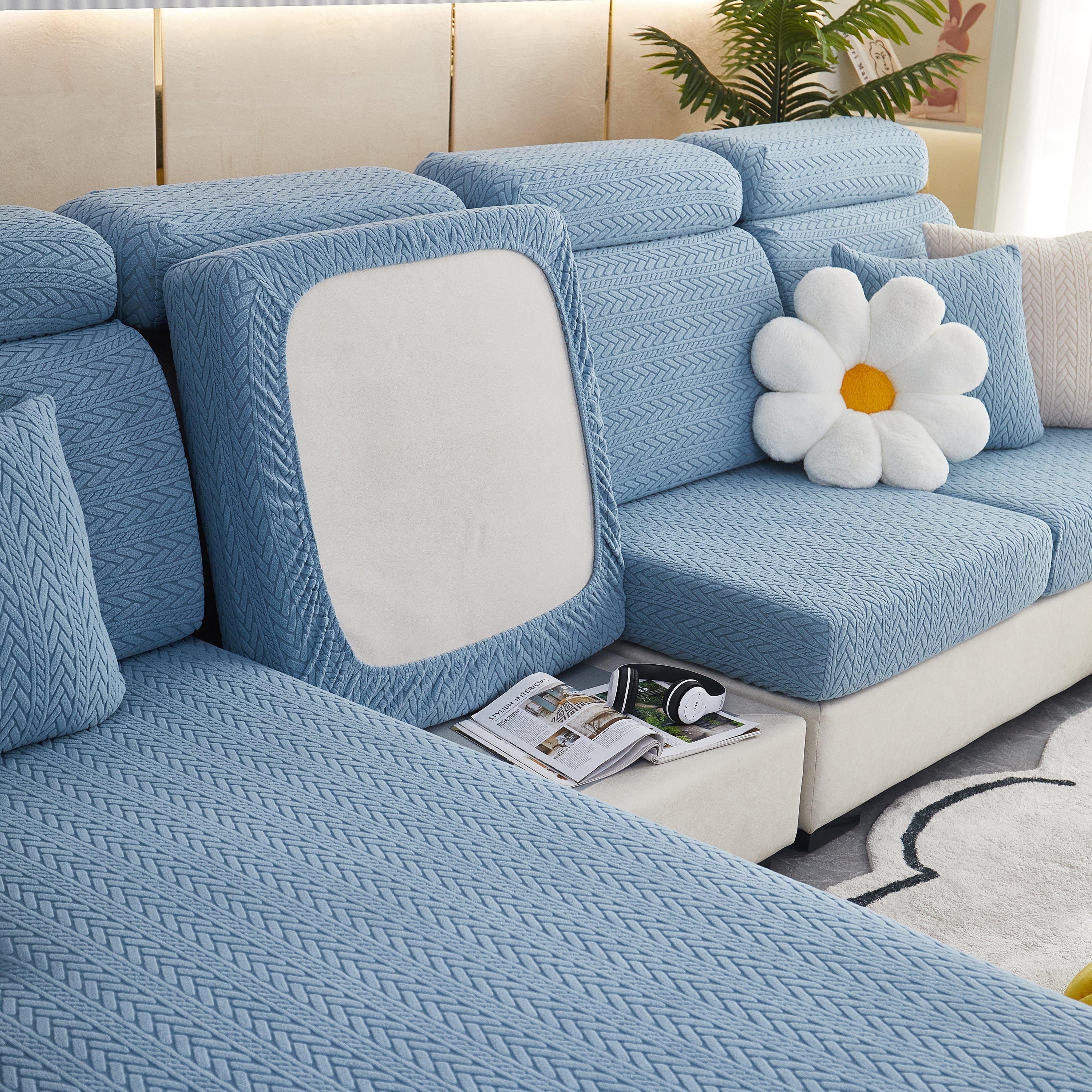 Stretchable Jacquard Polar Fleece Sofa Cover Non-slip Furniture Protector For Pets L-shaped Couch Slipcovers