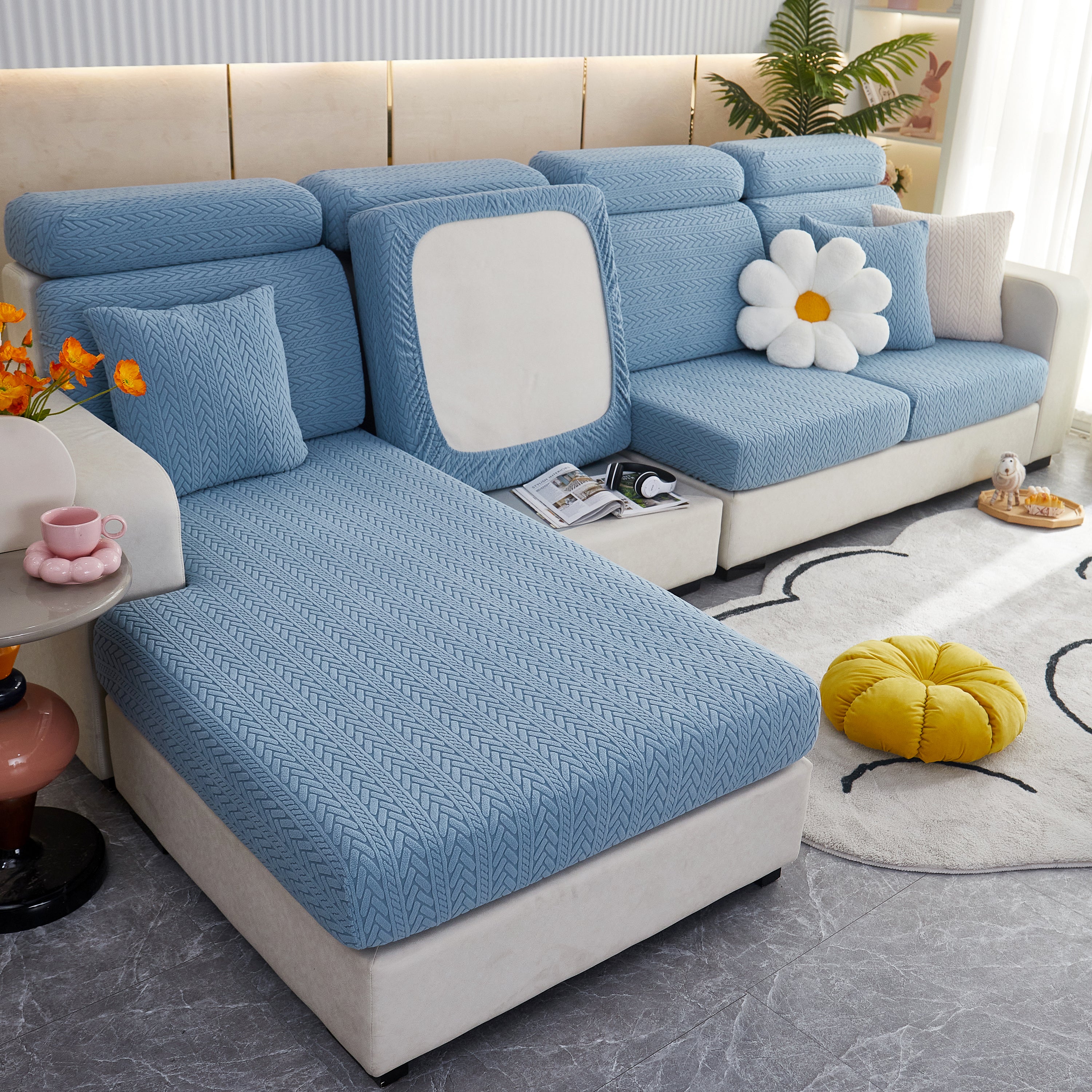 Stretchable Jacquard Polar Fleece Sofa Cover Non-slip Furniture Protector For Pets L-shaped Couch Slipcovers
