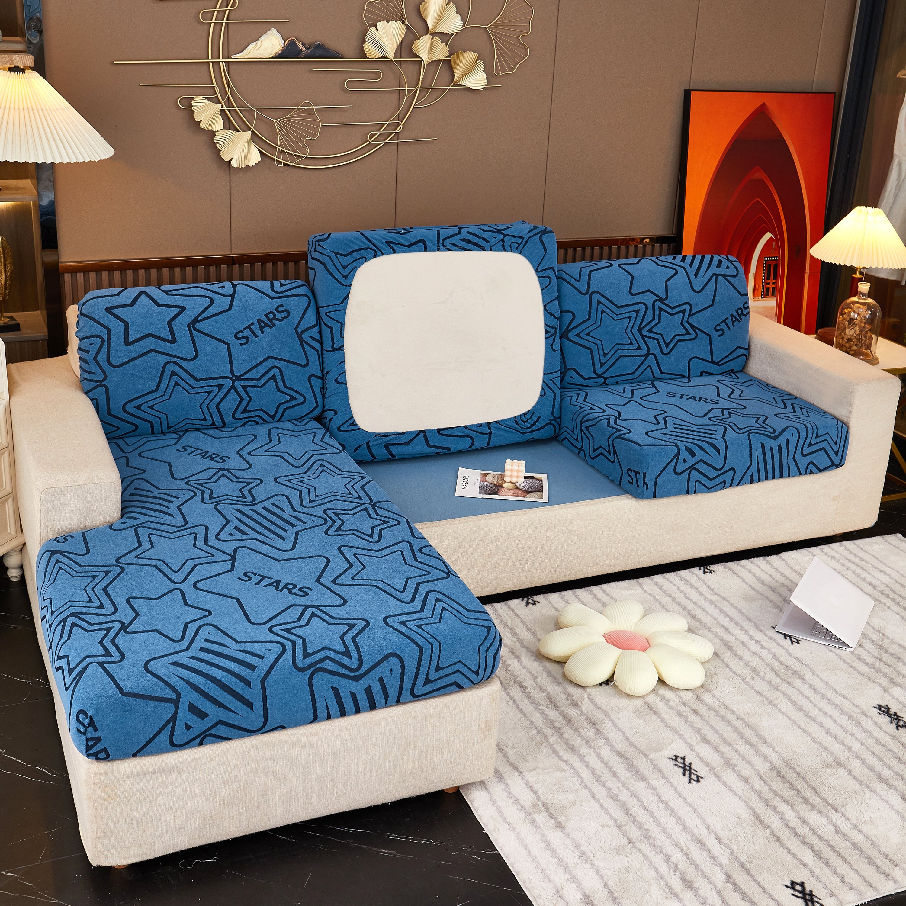 Starry Sky Jacquard Fleece Stretchable Non-slip Cushion Covers Furniture Covers For L-shaped Couch