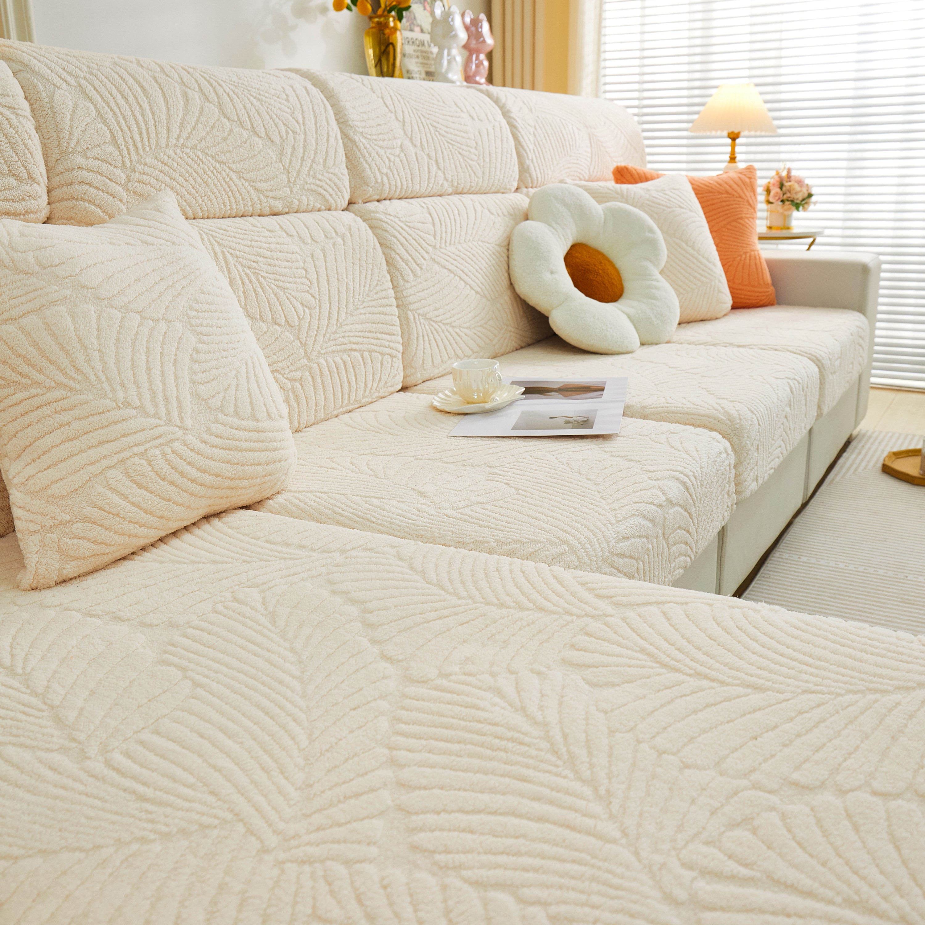 Cozy Plush Coral Fleece Sofa Cushion Slipcovers, Stretch Leaves Cushion Covers, Furniture Slipcovers
