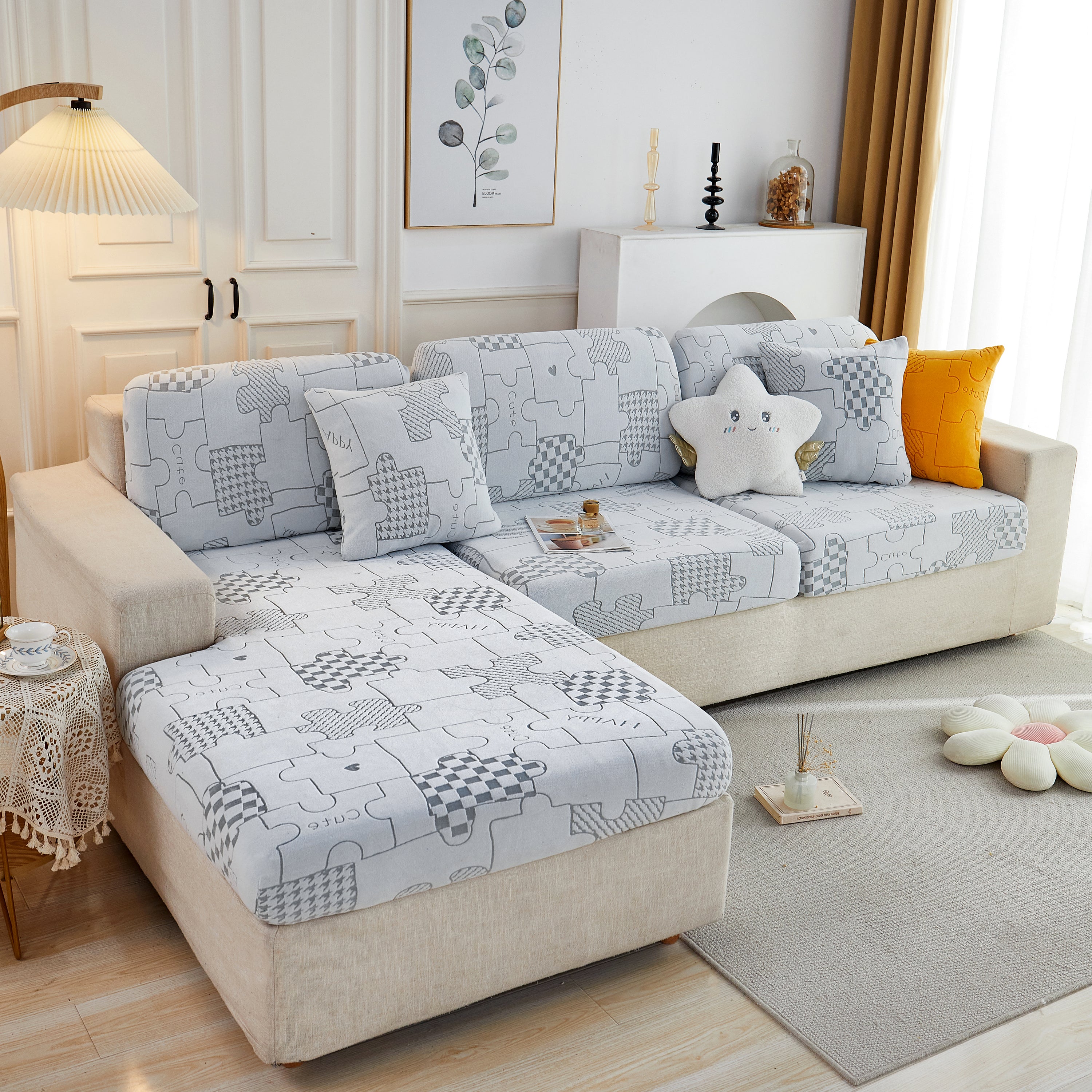 Happy Puzzle Jacquard Fleece Stretchable Cushion Cover, Non-slip L Shaped Couch Covers For Pets
