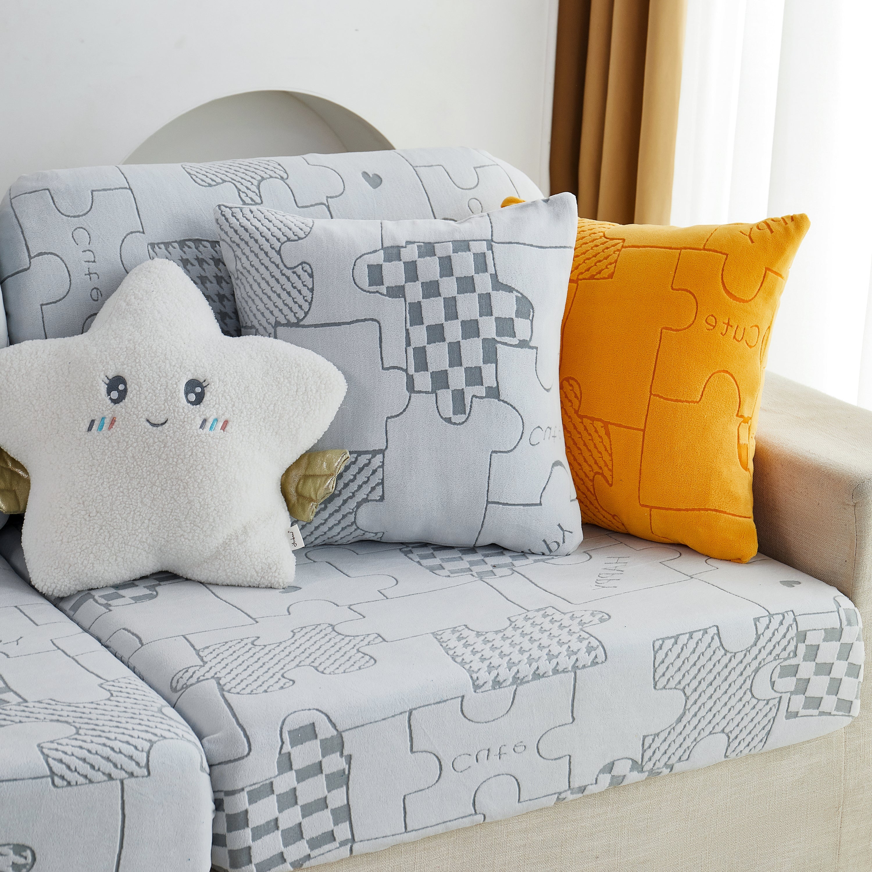 Happy Puzzle Jacquard Fleece Stretchable Cushion Cover, Non-slip L Shaped Couch Covers For Pets