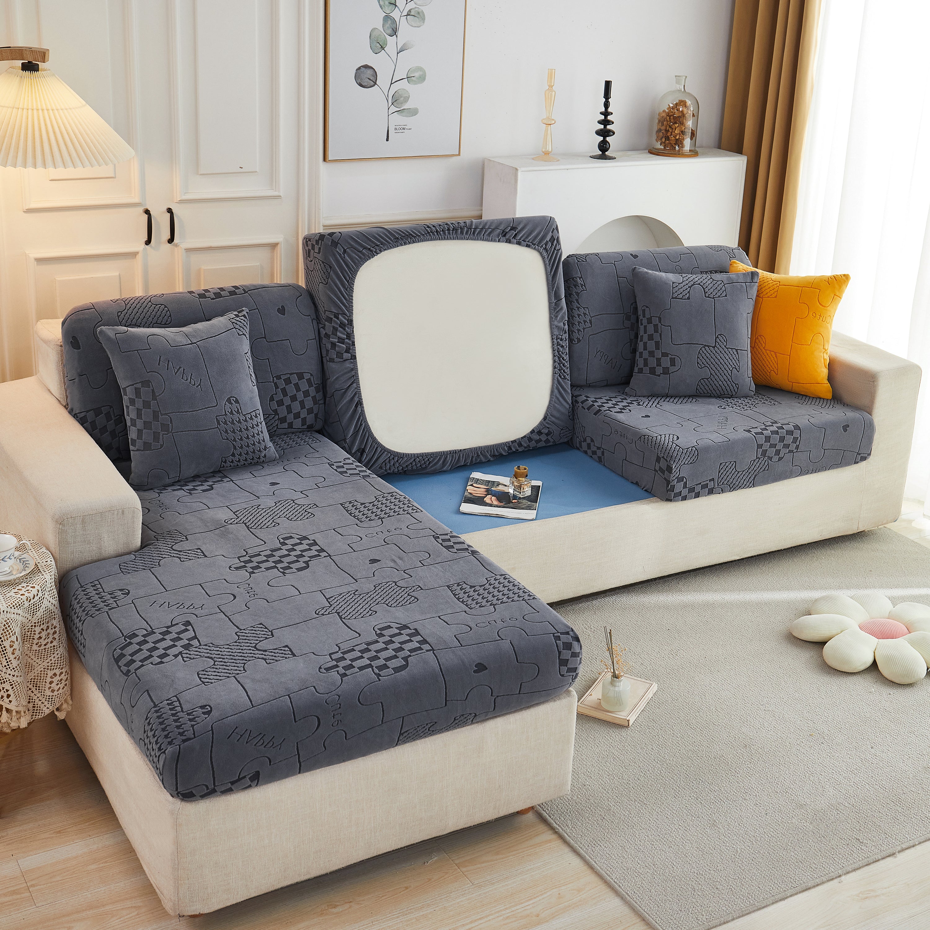 Happy Puzzle Jacquard Fleece Stretchable Cushion Cover, Non-slip L Shaped Couch Covers For Pets