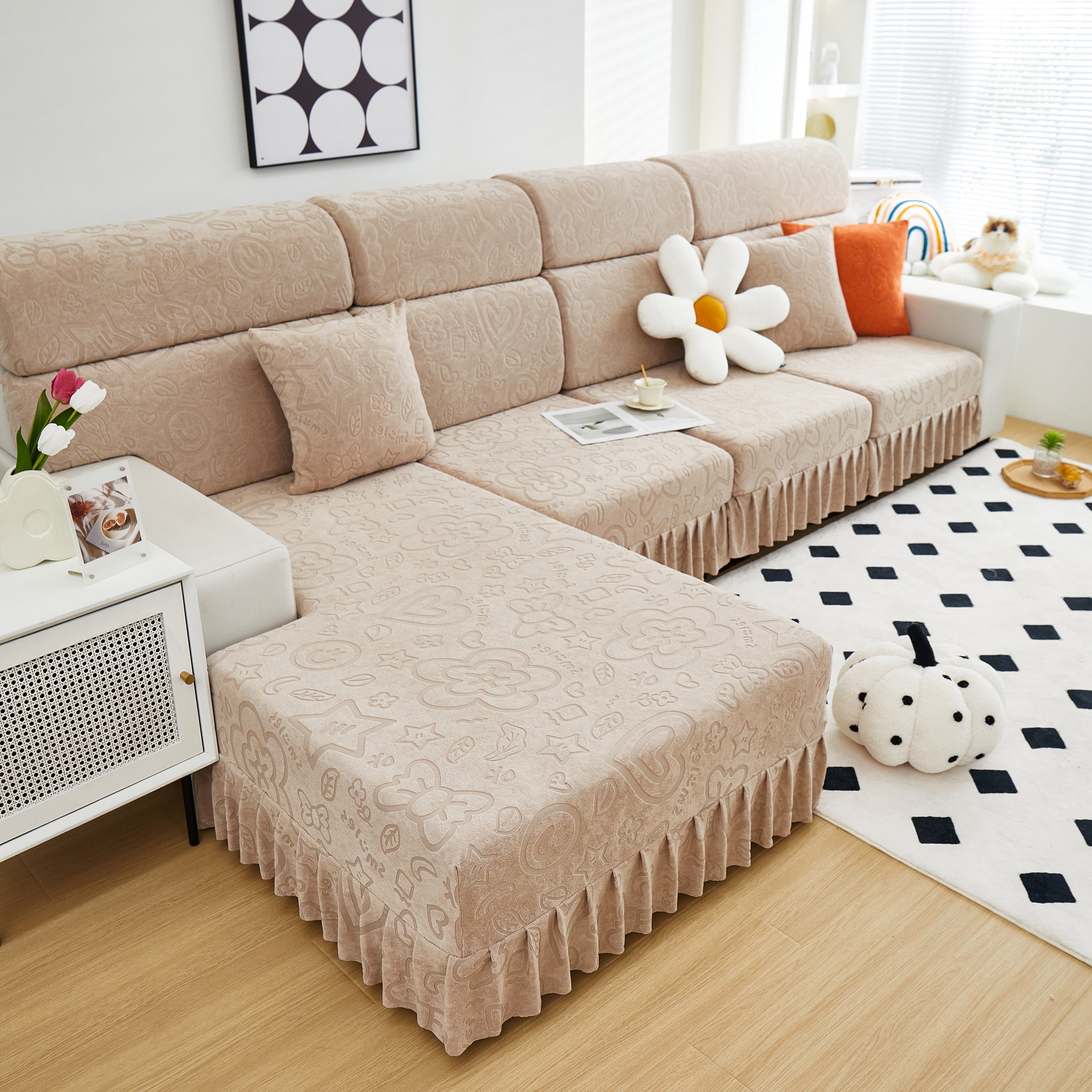 Elastic Skirted Couch Cushion Covers For 1/2/3/4-seater Sofas, Furniture Protector For Pets, Kids