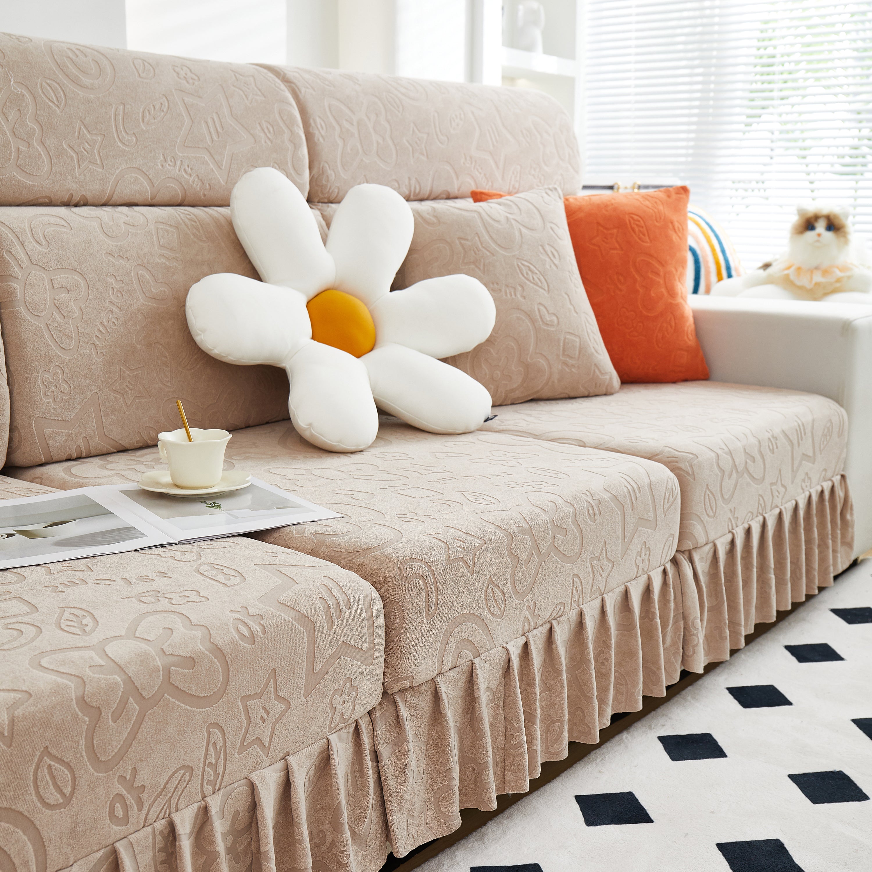 Elastic Skirted Couch Cushion Covers For 1/2/3/4-seater Sofas, Furniture Protector For Pets, Kids