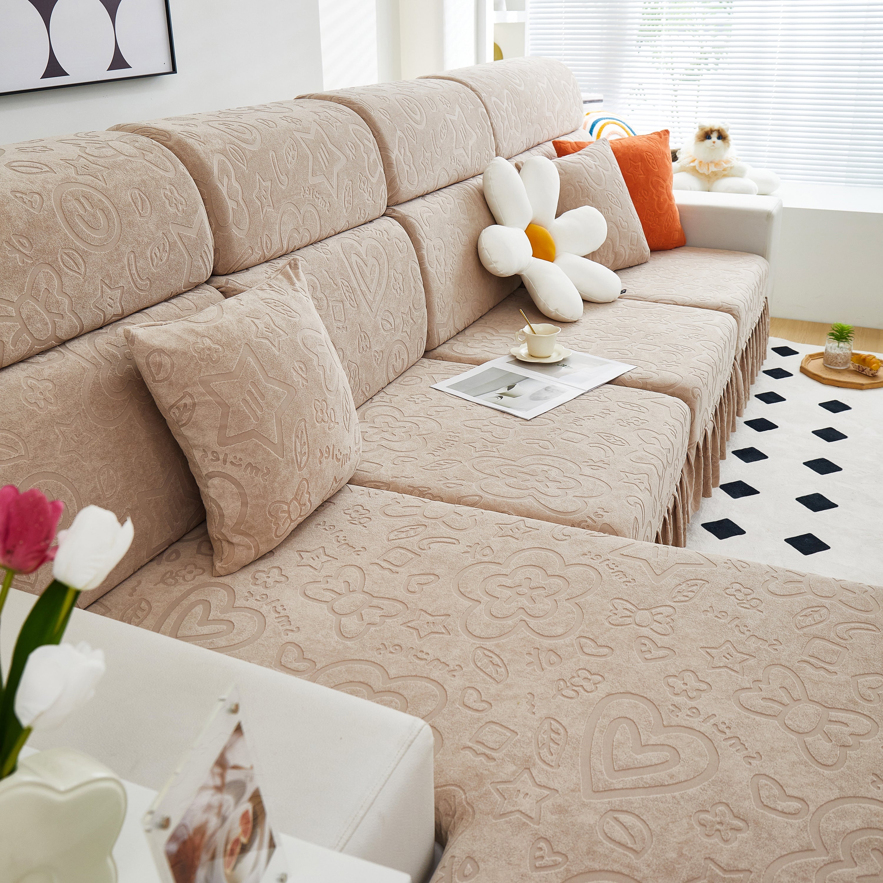 Elastic Skirted Couch Cushion Covers For 1/2/3/4-seater Sofas, Furniture Protector For Pets, Kids