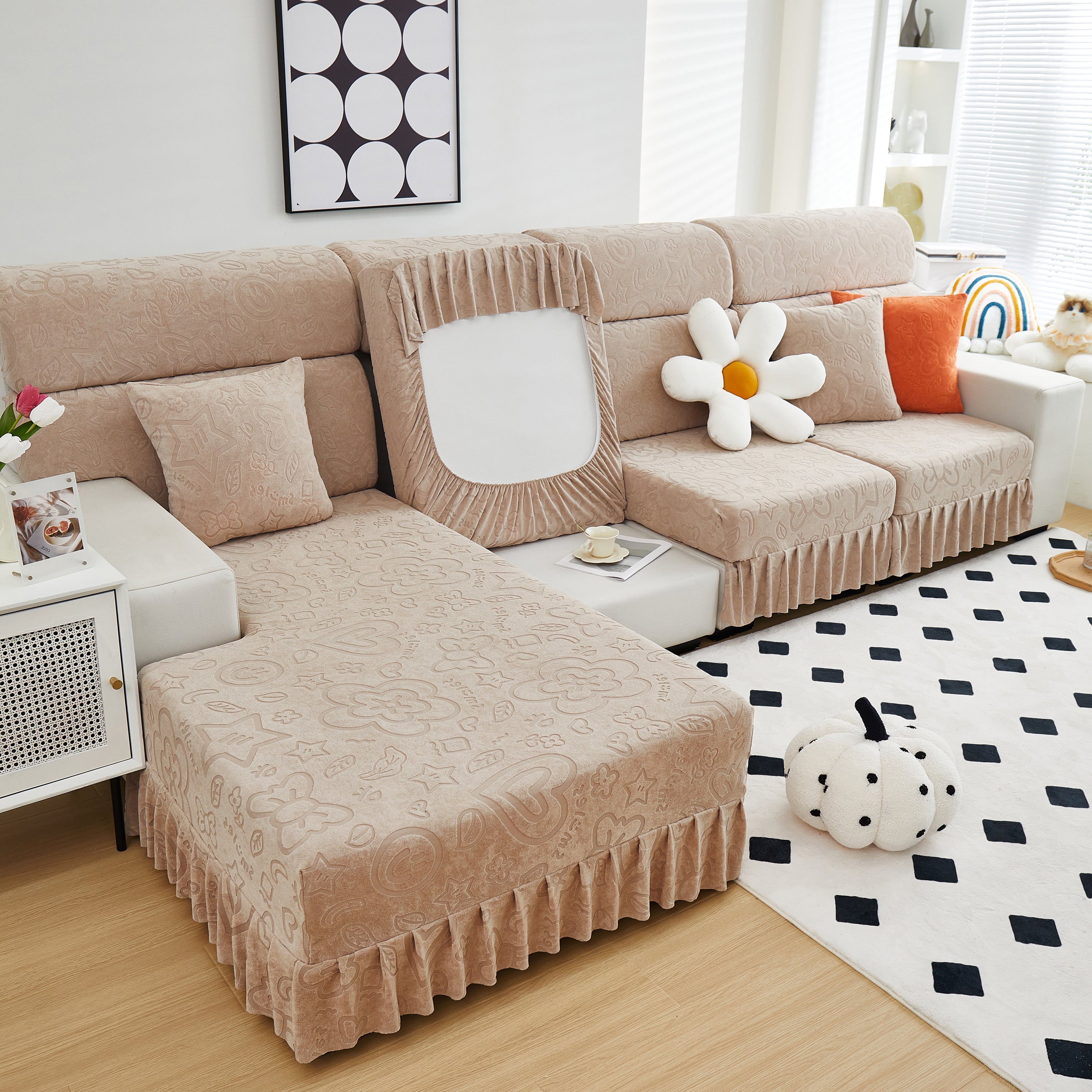 Elastic Skirted Couch Cushion Covers For 1/2/3/4-seater Sofas, Furniture Protector For Pets, Kids