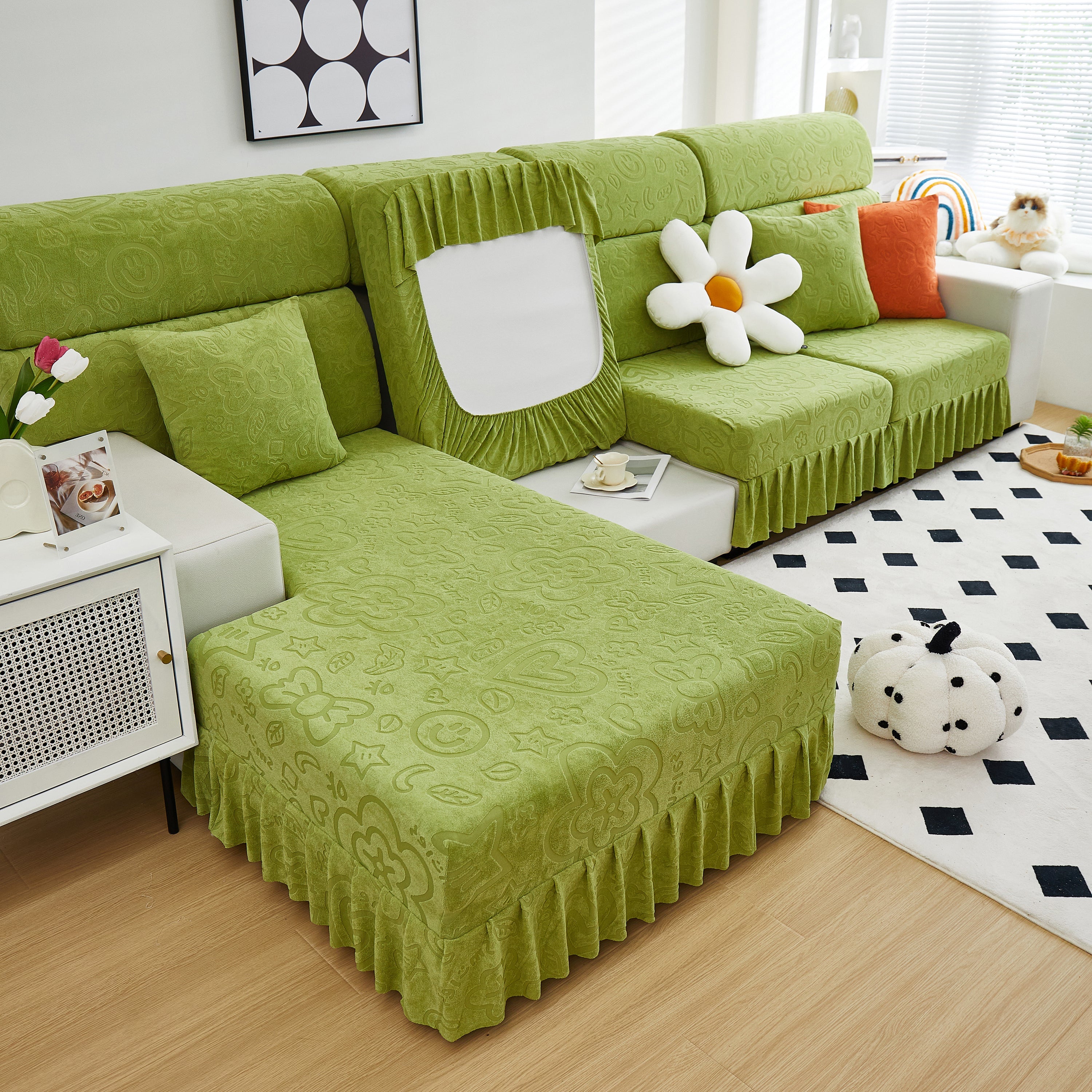 Elastic Skirted Couch Cushion Covers For 1/2/3/4-seater Sofas, Furniture Protector For Pets, Kids