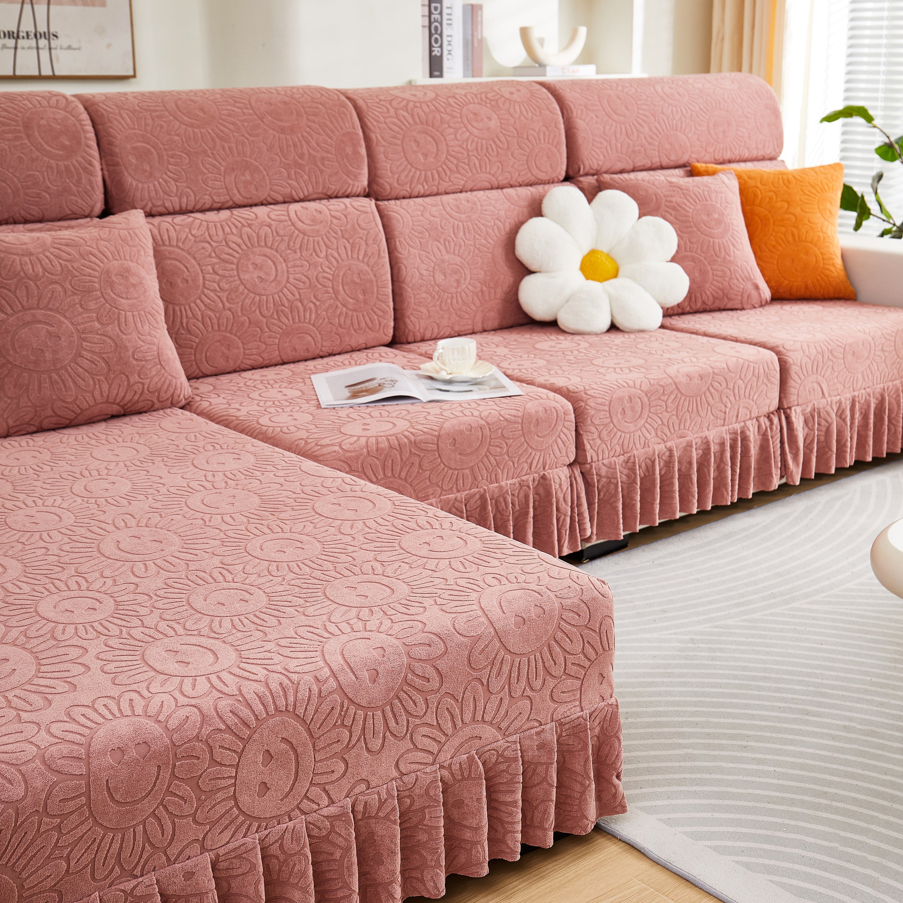 Sofa Seat Cover, Sunflower Patterned Elastic Skirted Couch Cushion Covers For 1/2/3/4-seater Sofas