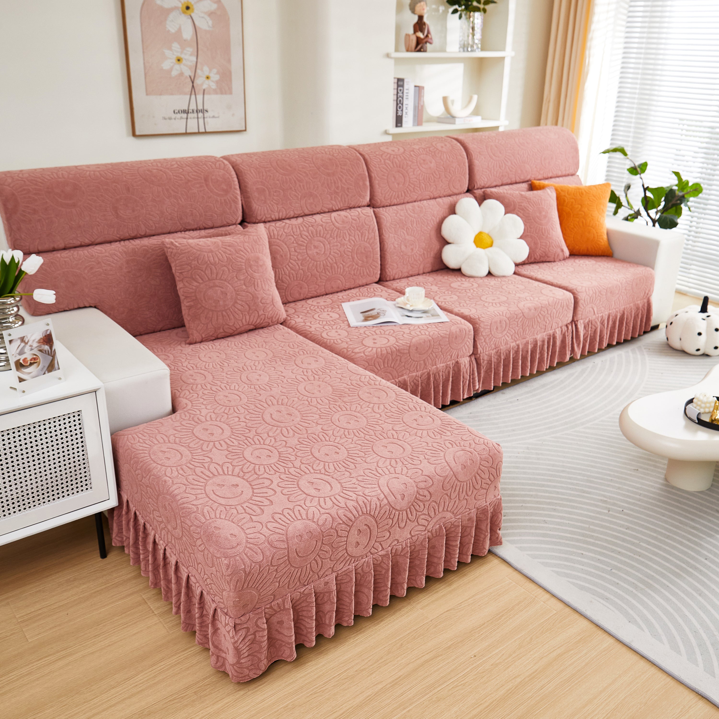 Sofa Seat Cover, Sunflower Patterned Elastic Skirted Couch Cushion Covers For 1/2/3/4-seater Sofas