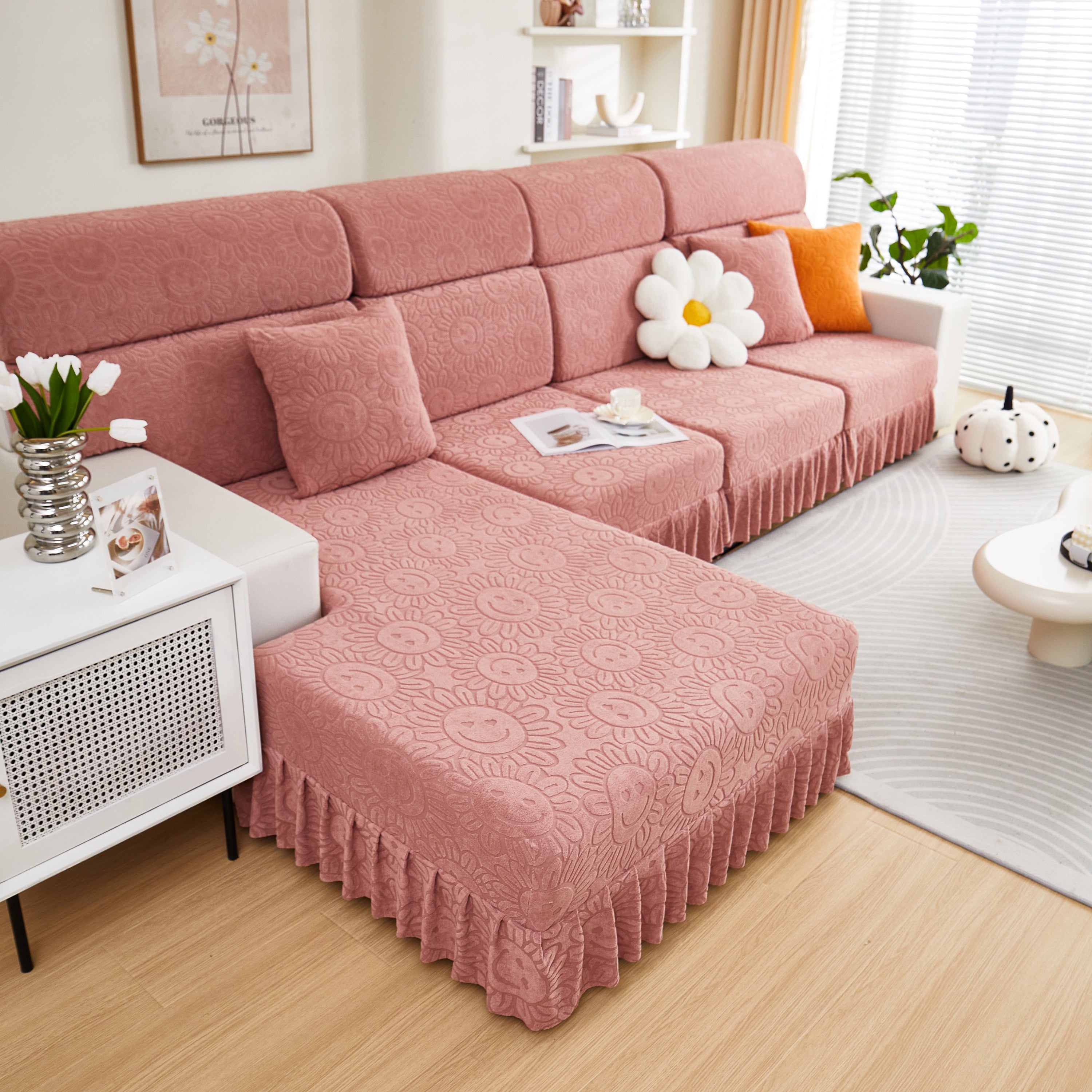 Sofa Seat Cover, Sunflower Patterned Elastic Skirted Couch Cushion Covers For 1/2/3/4-seater Sofas