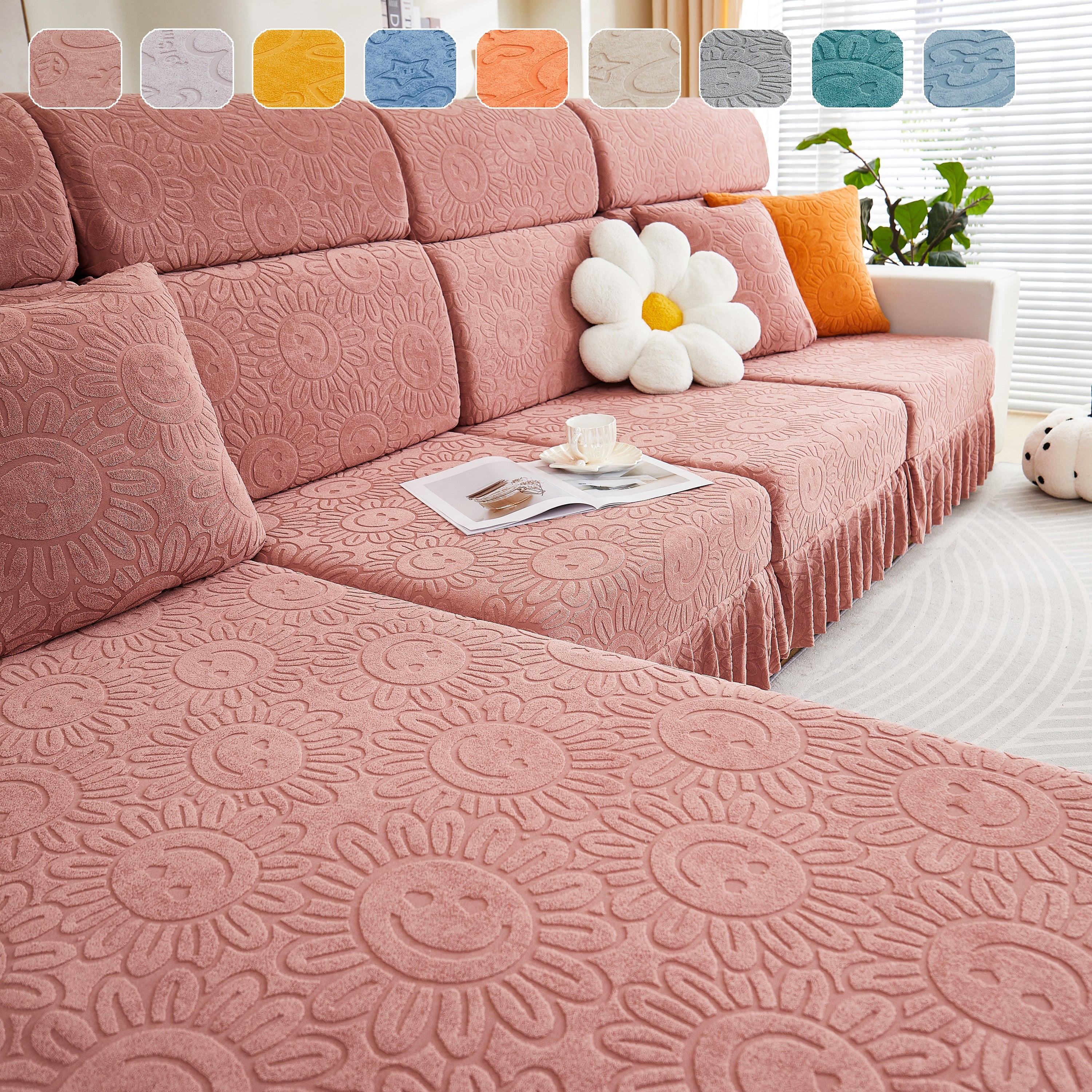 Sofa Seat Cover, Sunflower Patterned Elastic Skirted Couch Cushion Covers For 1/2/3/4-seater Sofas