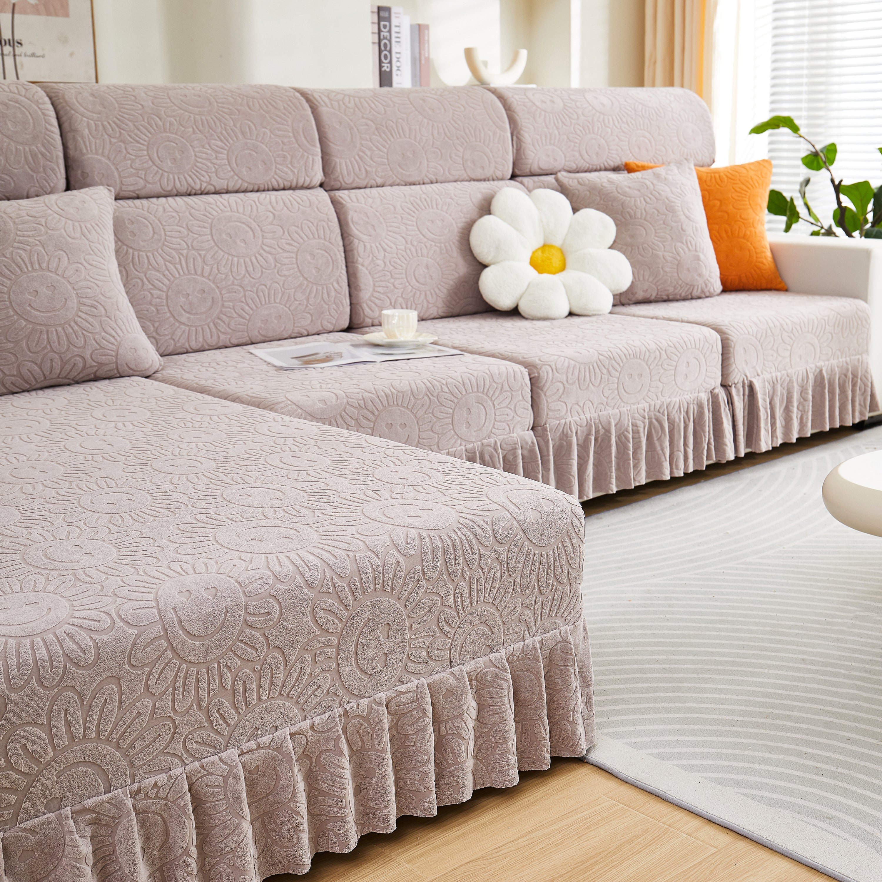 Sofa Seat Cover, Sunflower Patterned Elastic Skirted Couch Cushion Covers For 1/2/3/4-seater Sofas