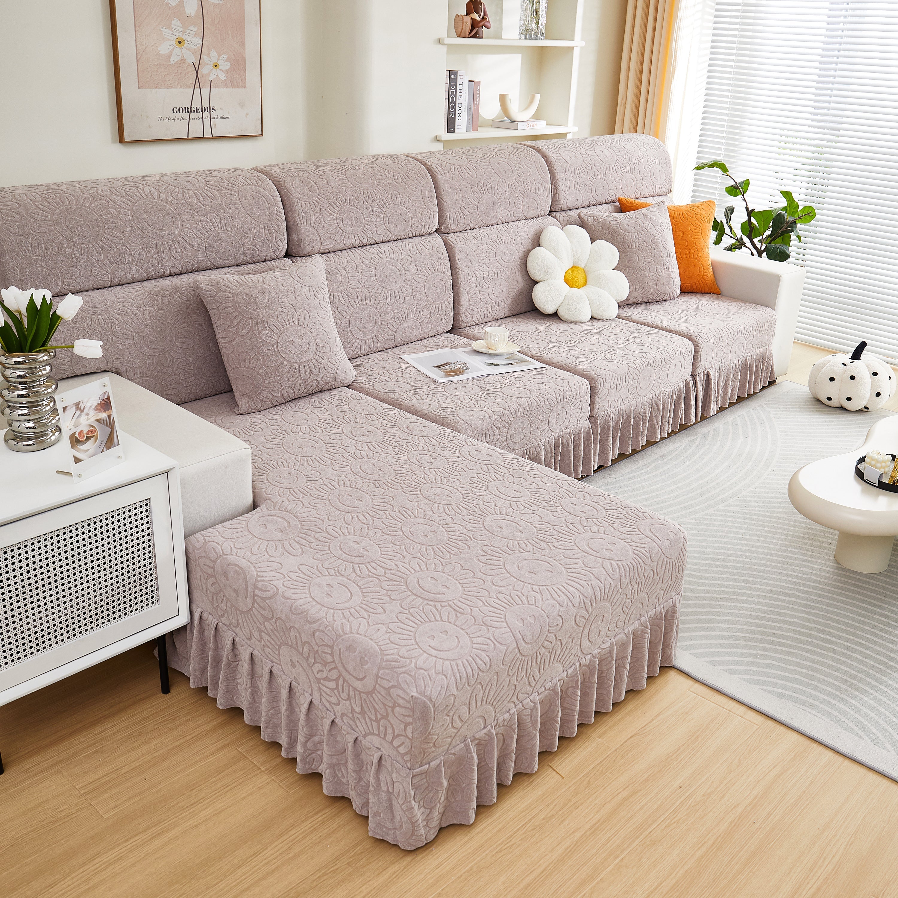 Sofa Seat Cover, Sunflower Patterned Elastic Skirted Couch Cushion Covers For 1/2/3/4-seater Sofas