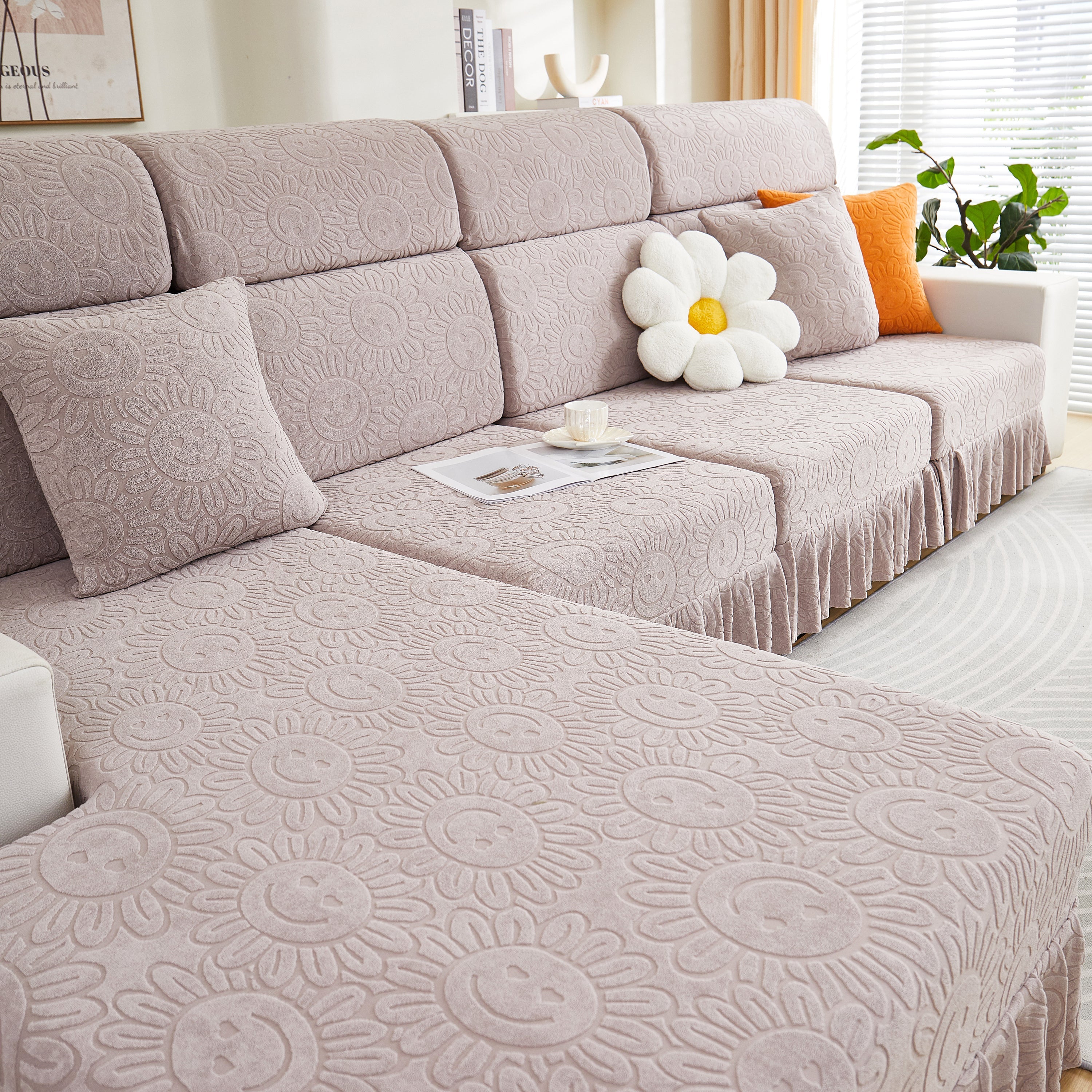 Sofa Seat Cover, Sunflower Patterned Elastic Skirted Couch Cushion Covers For 1/2/3/4-seater Sofas