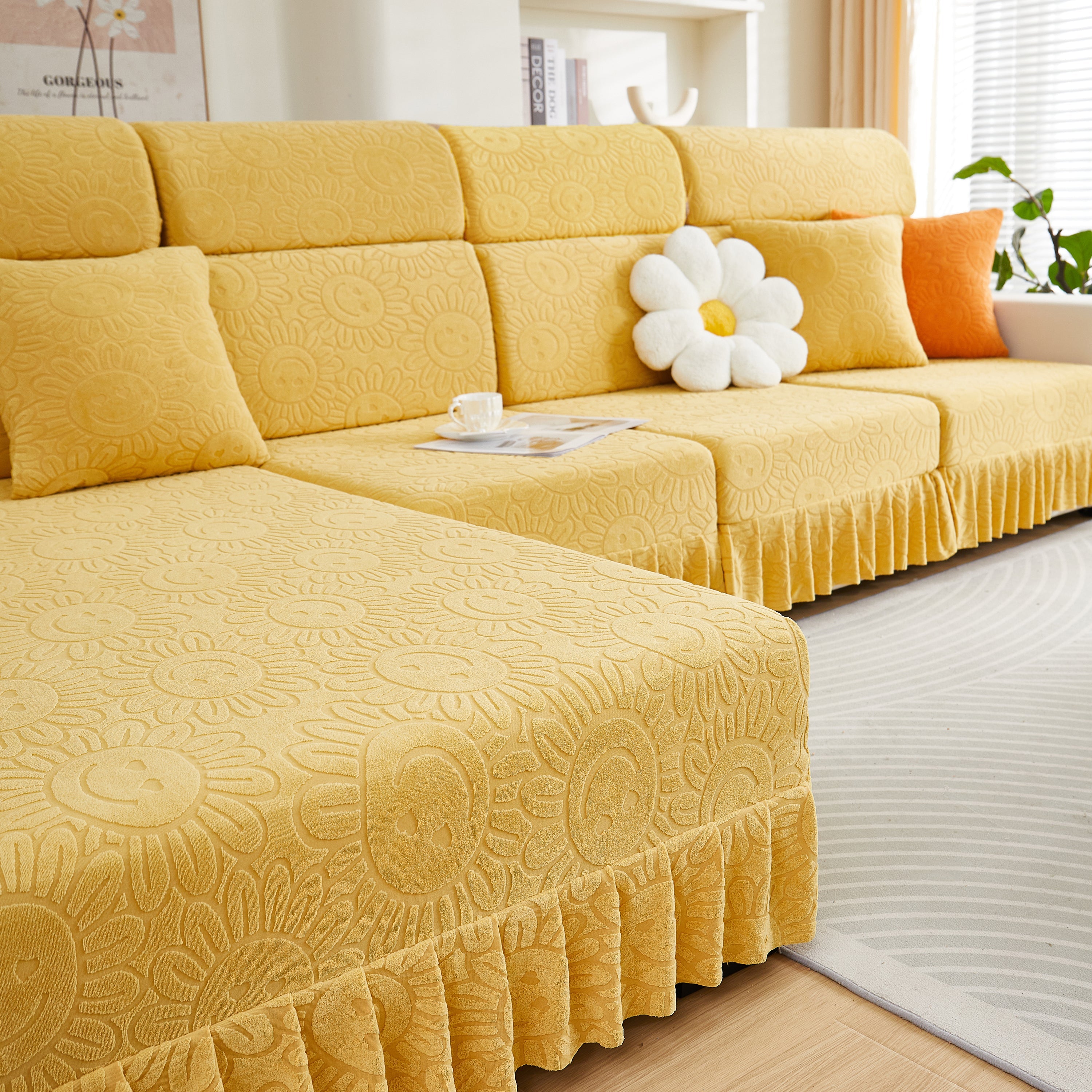 Sofa Seat Cover, Sunflower Patterned Elastic Skirted Couch Cushion Covers For 1/2/3/4-seater Sofas