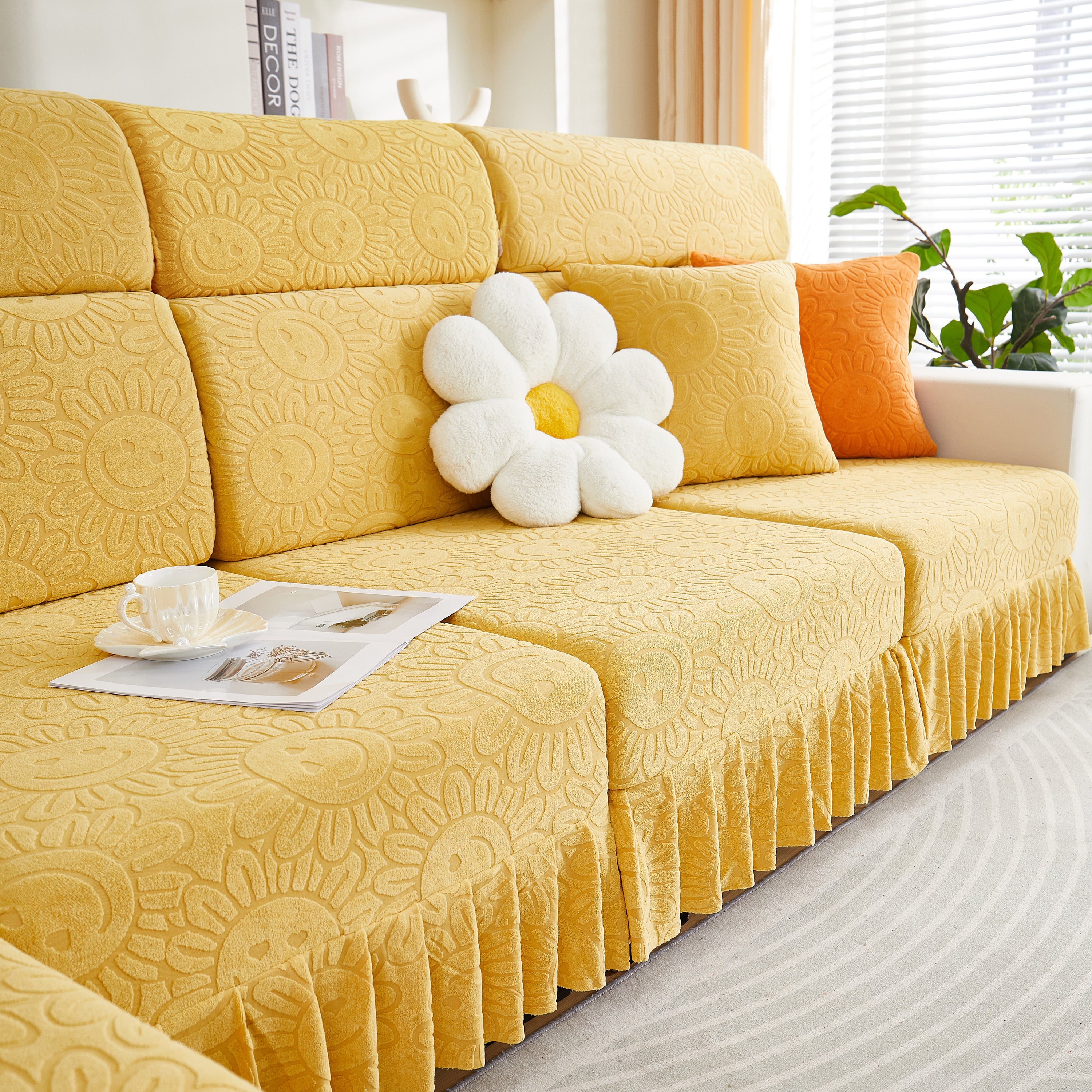 Sofa Seat Cover, Sunflower Patterned Elastic Skirted Couch Cushion Covers For 1/2/3/4-seater Sofas