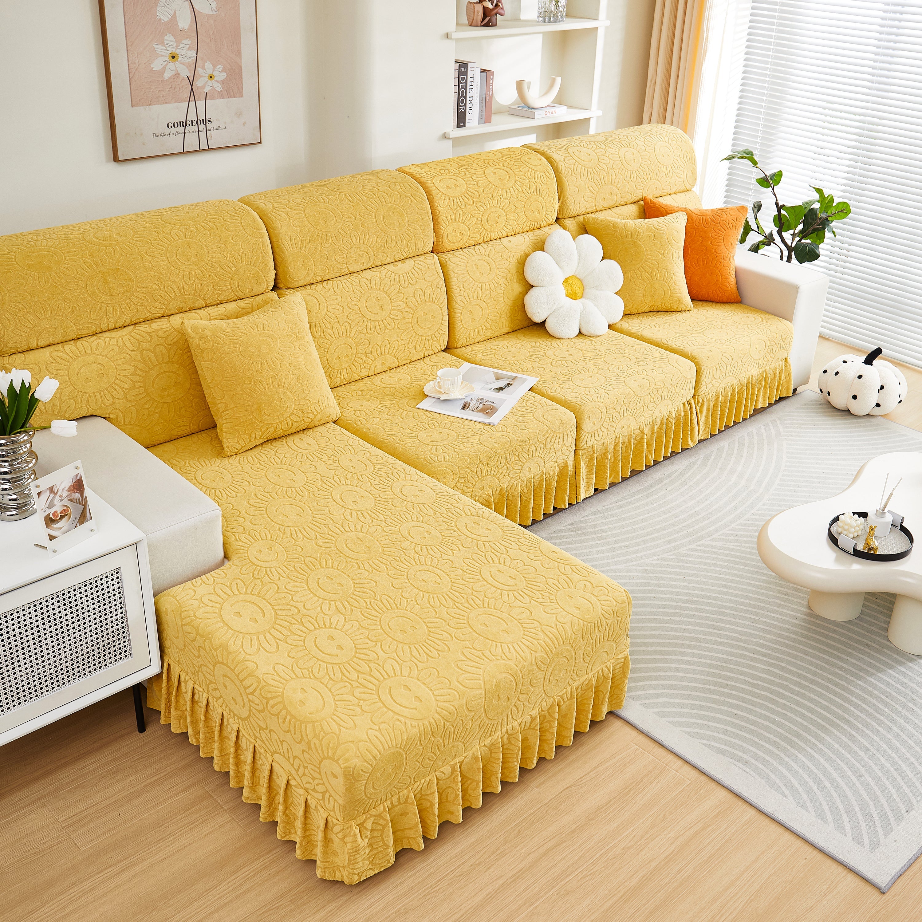 Sofa Seat Cover, Sunflower Patterned Elastic Skirted Couch Cushion Covers For 1/2/3/4-seater Sofas