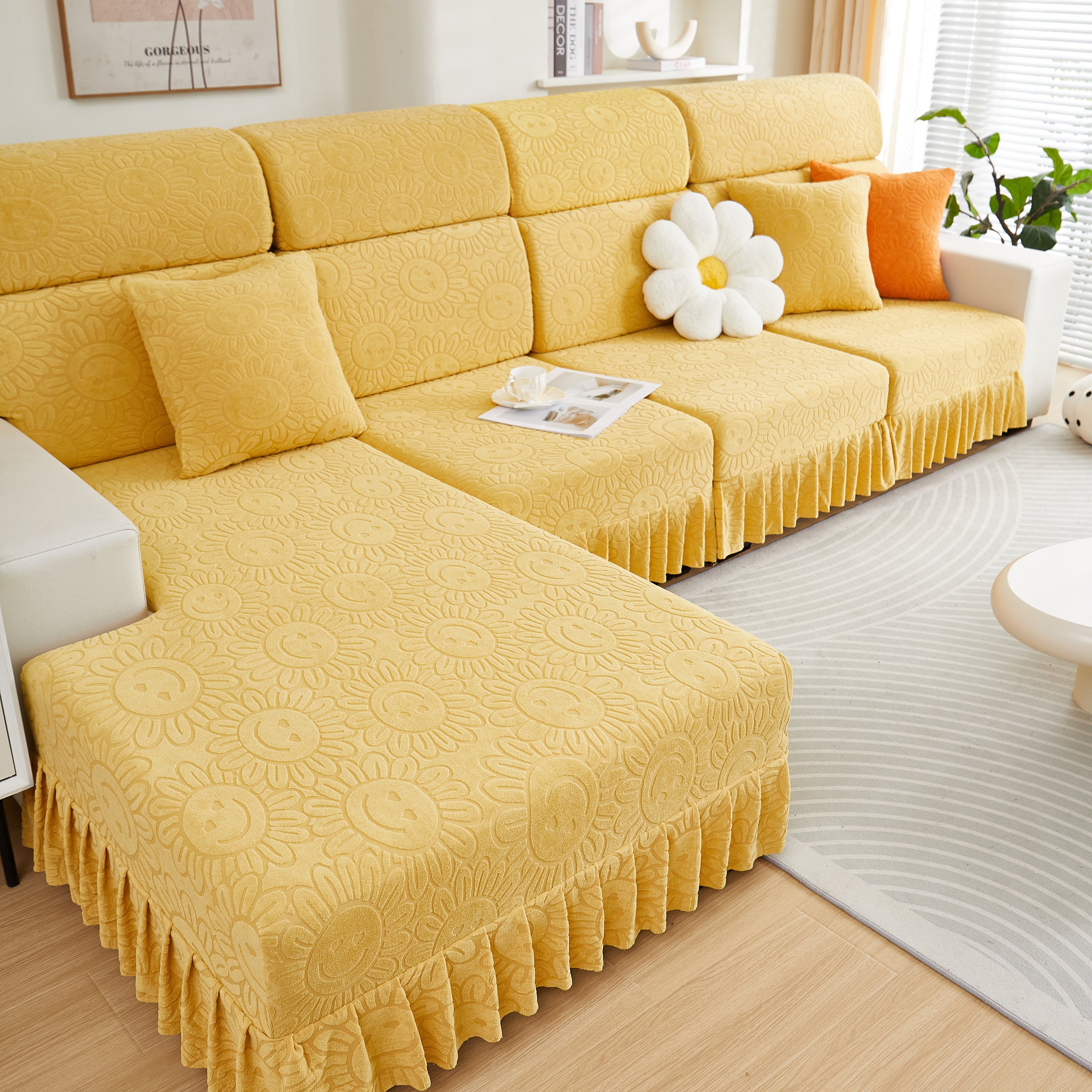 Sofa Seat Cover, Sunflower Patterned Elastic Skirted Couch Cushion Covers For 1/2/3/4-seater Sofas