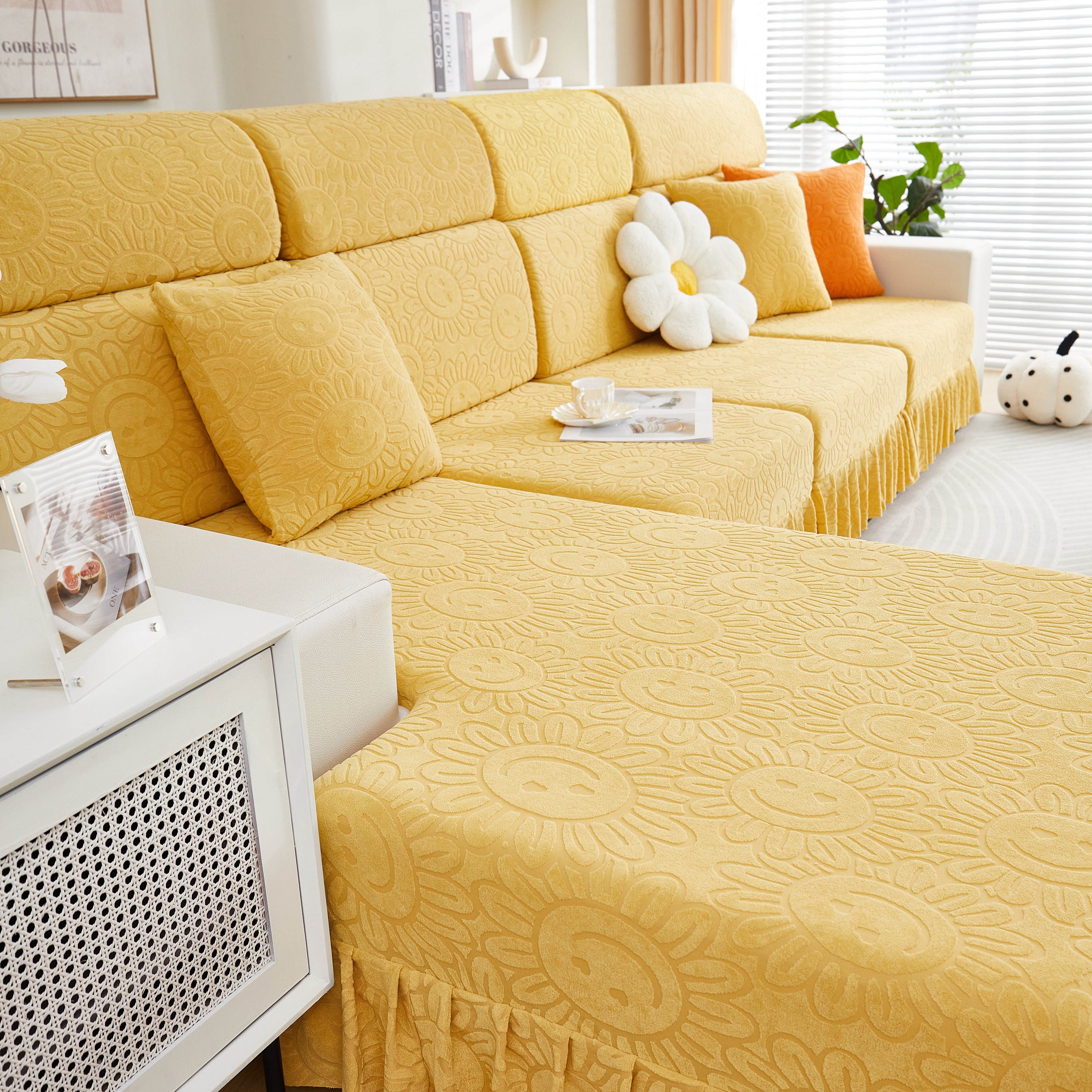 Sofa Seat Cover, Sunflower Patterned Elastic Skirted Couch Cushion Covers For 1/2/3/4-seater Sofas