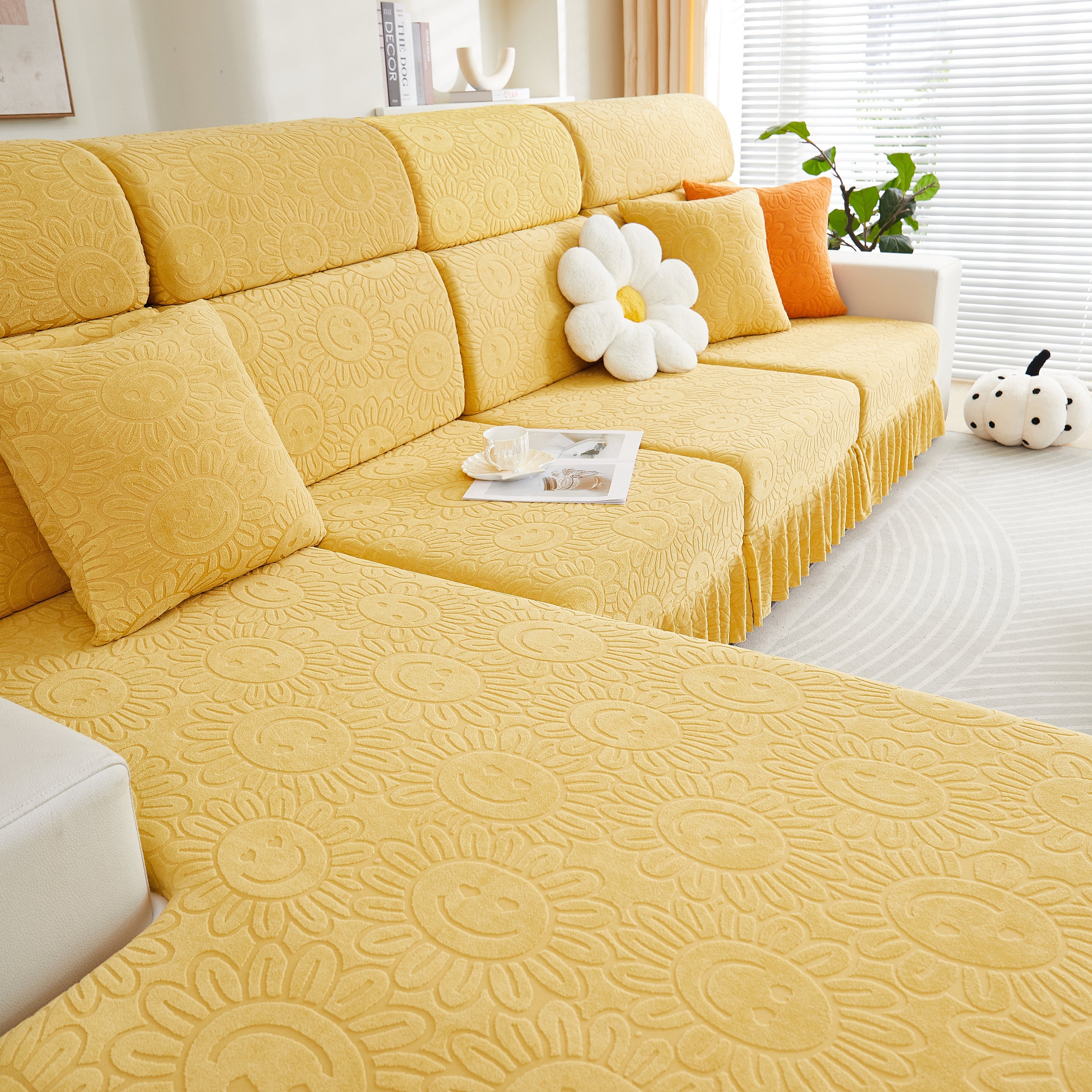 Sofa Seat Cover, Sunflower Patterned Elastic Skirted Couch Cushion Covers For 1/2/3/4-seater Sofas