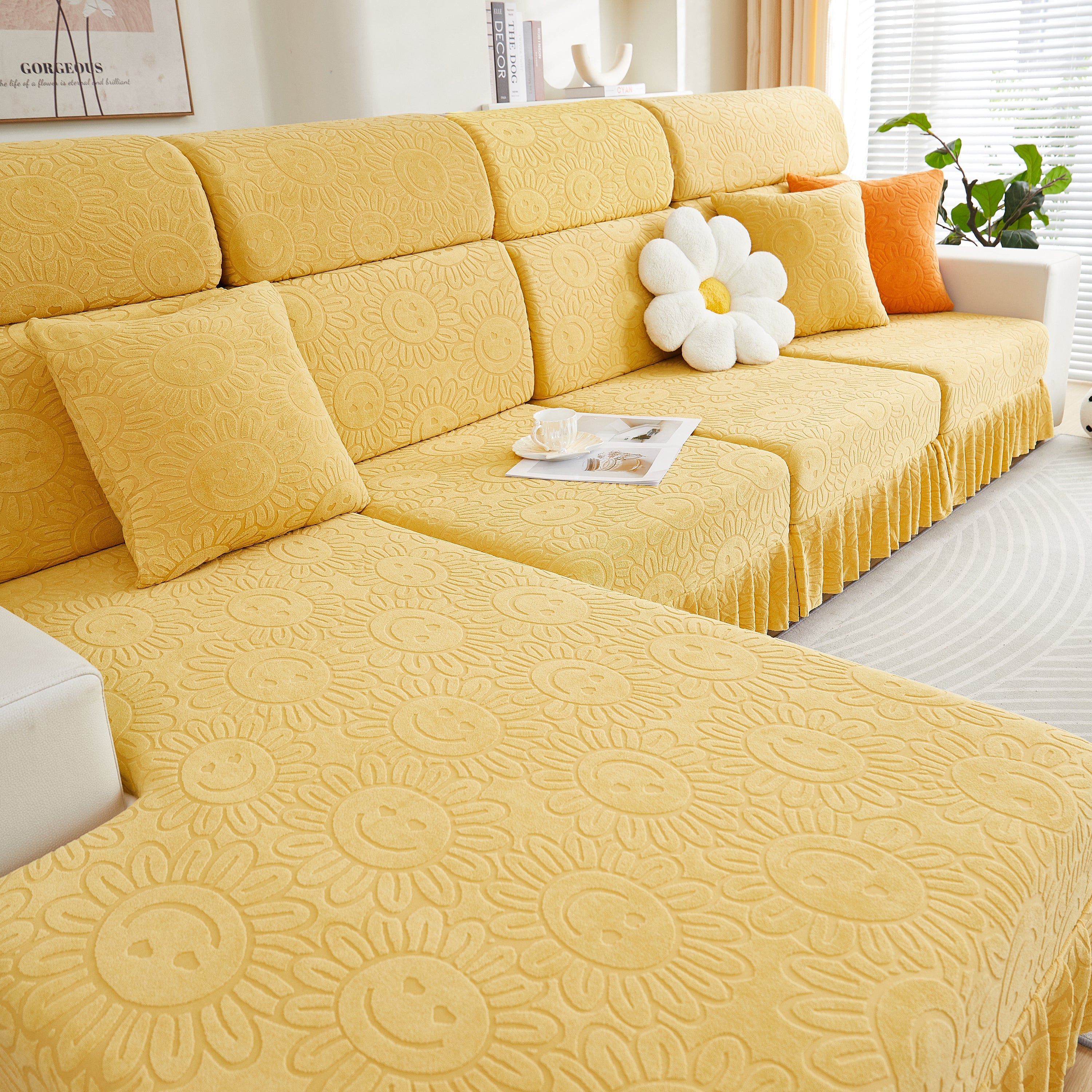 Sofa Seat Cover, Sunflower Patterned Elastic Skirted Couch Cushion Covers For 1/2/3/4-seater Sofas