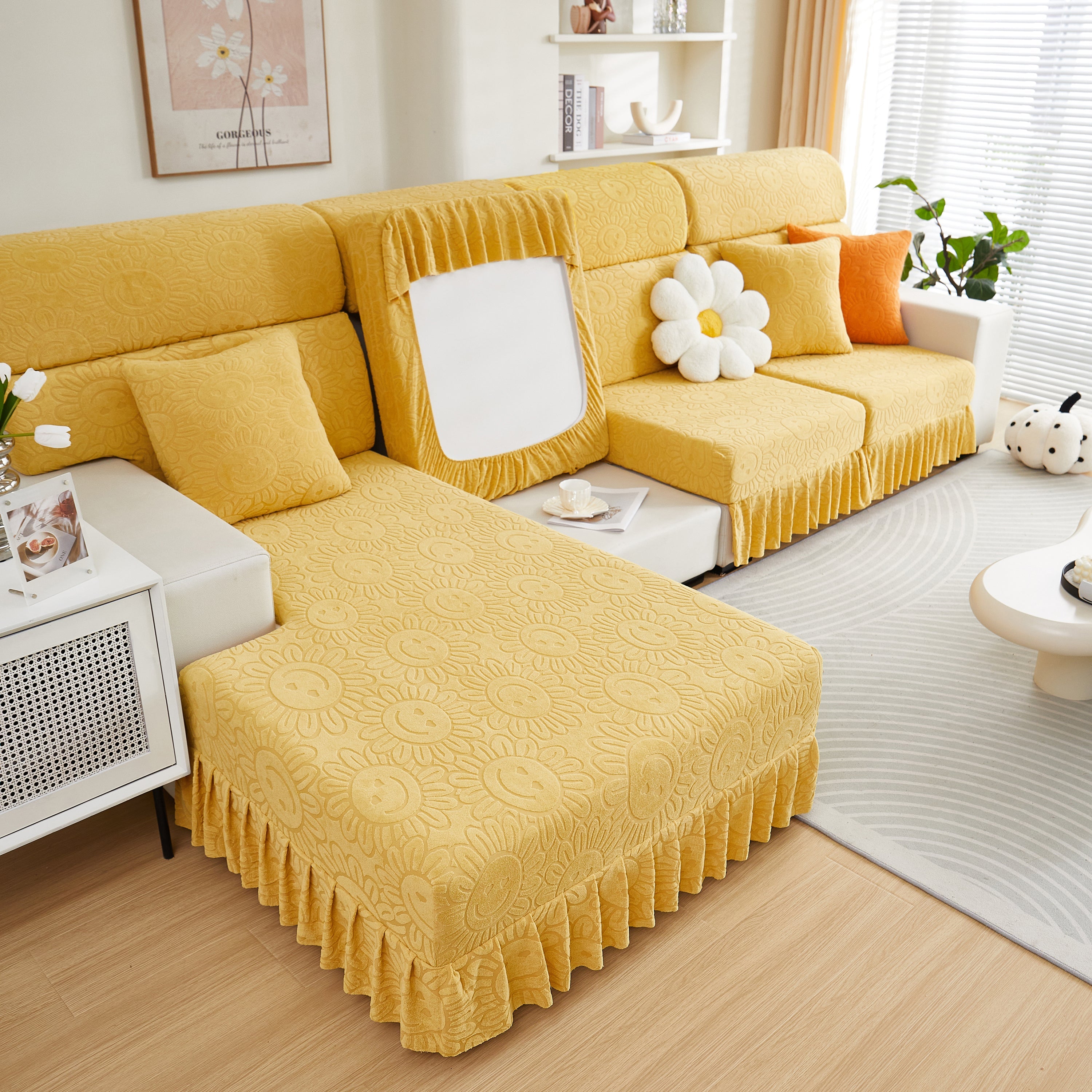 Sofa Seat Cover, Sunflower Patterned Elastic Skirted Couch Cushion Covers For 1/2/3/4-seater Sofas